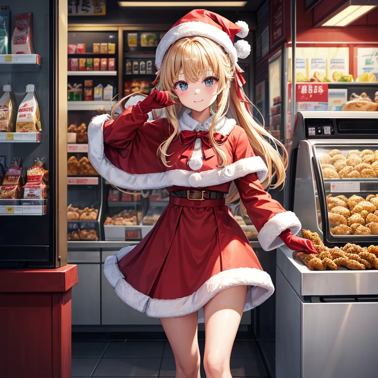 top-quality, hight resolution, 8K images,best qualtiy,hight resolution、A woman who is cute no matter who sees her、Tsundere、Convenience store clerk,1girl in, 独奏, blondehair, アニメ少女独奏、 Absolute area、Looking at the camera、(Illustration ratio:1.1)、is standing、cash register、fried chicken showcase、convenience store counter、Salesperson selling chicken、Cute Dresses、Christmas、hight resolution、foco nítido、Hair Ribbon、gloves、Christmas、red capelet、santa hat、Christmas Colors、Dressine'Fingers in the