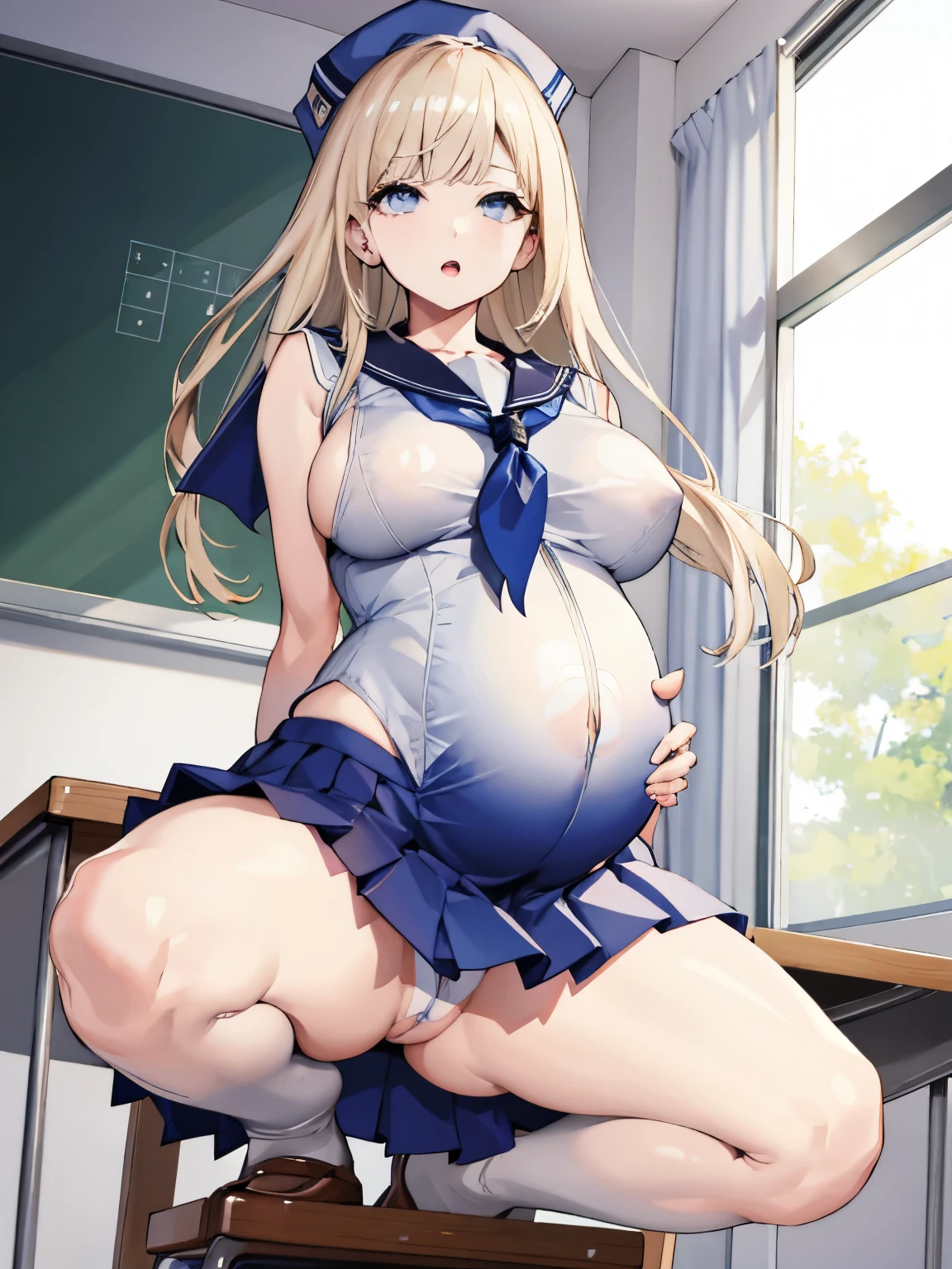 top-quality、realistic touch,high-detail、photoRealstic、thin-waist、captive beauty、big eye、solid platinum-blonde eyelashes、platinum-blonde、full body Esbian、Sparkling eyes, cheeks flushed、Kamimei、thin-waist、Voluptuous thighs、In the classroom of the school、She is in estrus、a sailor suit、cocky expression、Colossal tits、Super short skirt with V-line visible、Camera angle from below、Big breasts visible between uniform and stomach、Sleeveless、Squat with open legs、Pregnant women