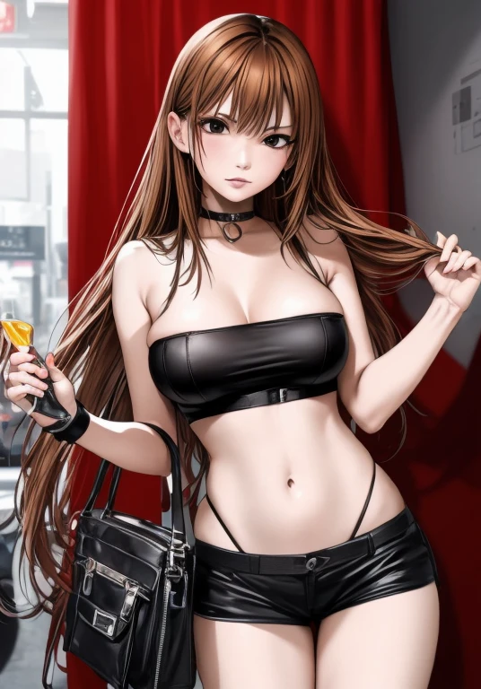 A beautiful adult woman with shoulder-length long hair, big breasts, beautiful legs, and a sharp face confronts a middle-aged man clerk with an irritated expression wearing a black tube top that exposes her navel and hot pants shaped like black panties. doing。