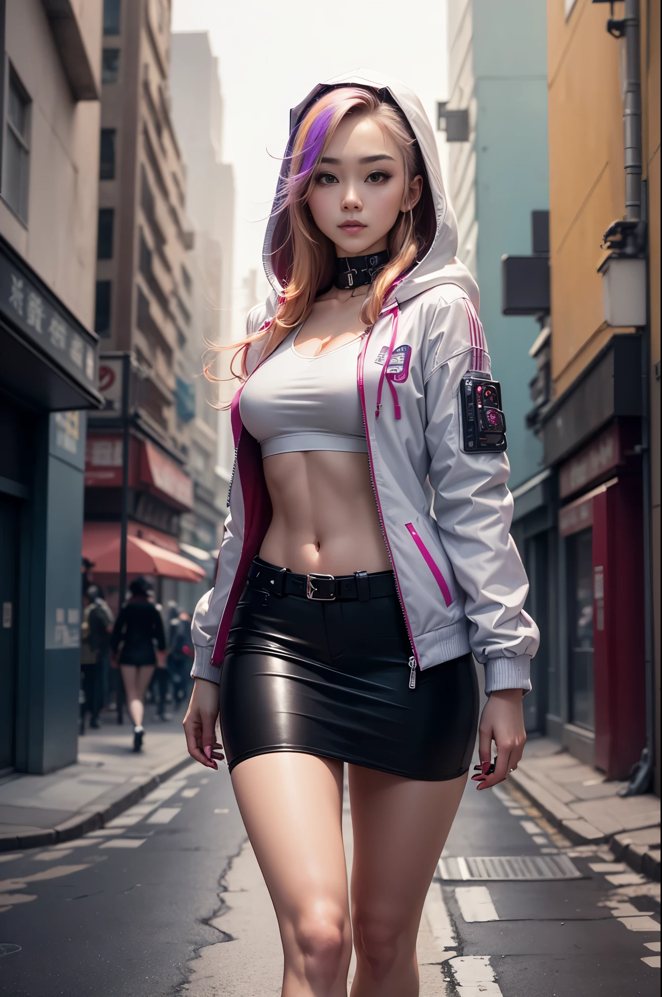(RAW photos, Best quality, tmasterpiece:1.2), (actual, photo-actual:1.4),(tmasterpiece:1.4),(Best quality:1.4), ((cyber punk Girl)), ,Short white shirt,Open hooded fur-trimmed down jacket,Red miniskirt,((dynamicposes)), (((Cyberpunk city street background))), hair intakes, ((shapeless long hair)), looking at viewert, ssmile, (((upper legs间隙))), upper legs, Very long hair, multicolour hair, alice \(Nikke\),(Glowing and radiant skin),actual.