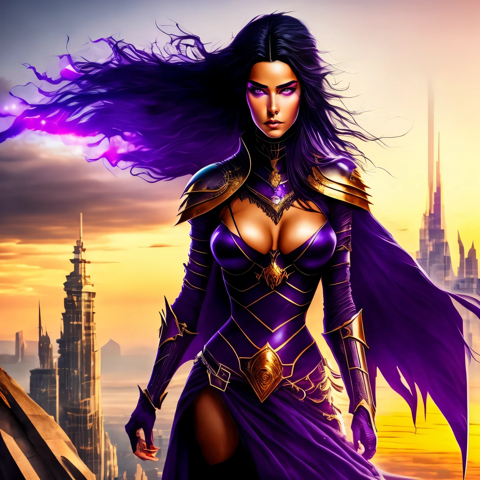 (masterpiece, best quality),1girl with long purple-black hair standing on the edge of a sky scraper, swedish face with sharp features, warm lighting, glowing purple eyes, golden-tan skin,detailed-beautiful eyes,gothic fantasy armour