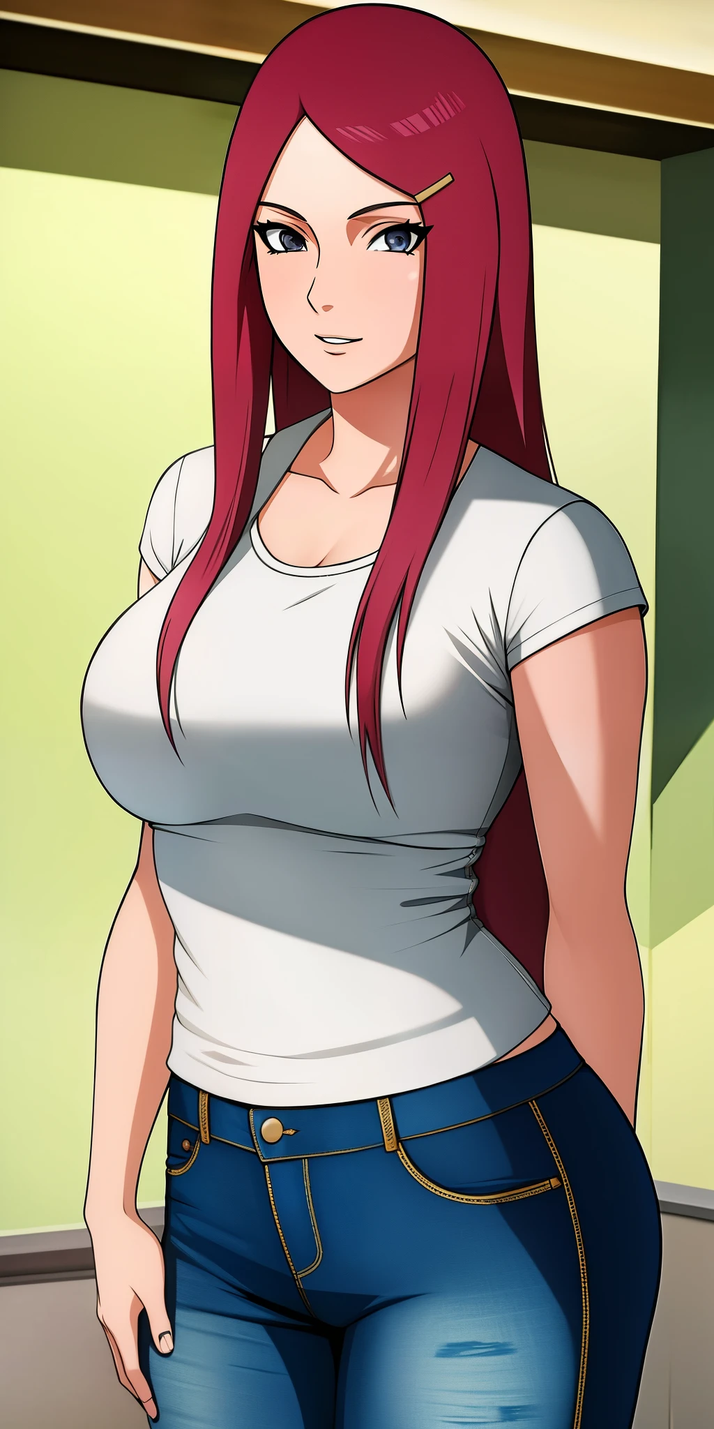 uzumaki_kushina, large_breasts, standing, solo, denim_shorts,, masterpiece, best quality, detailed face, detailed eyes, highres,