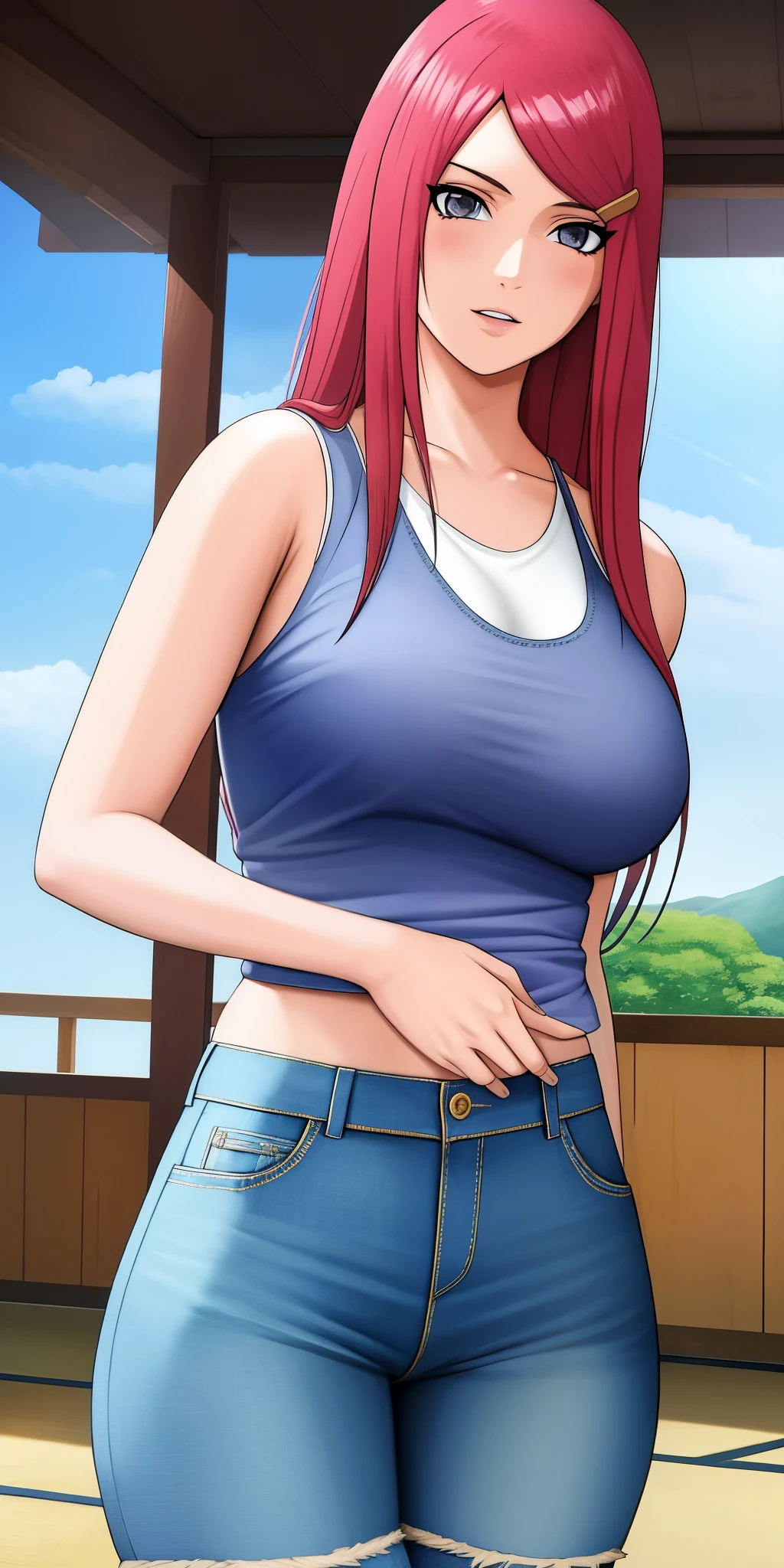 uzumaki_kushina, large_breasts, standing, solo, denim_shorts,, masterpiece, best quality, detailed face, detailed eyes, highres,