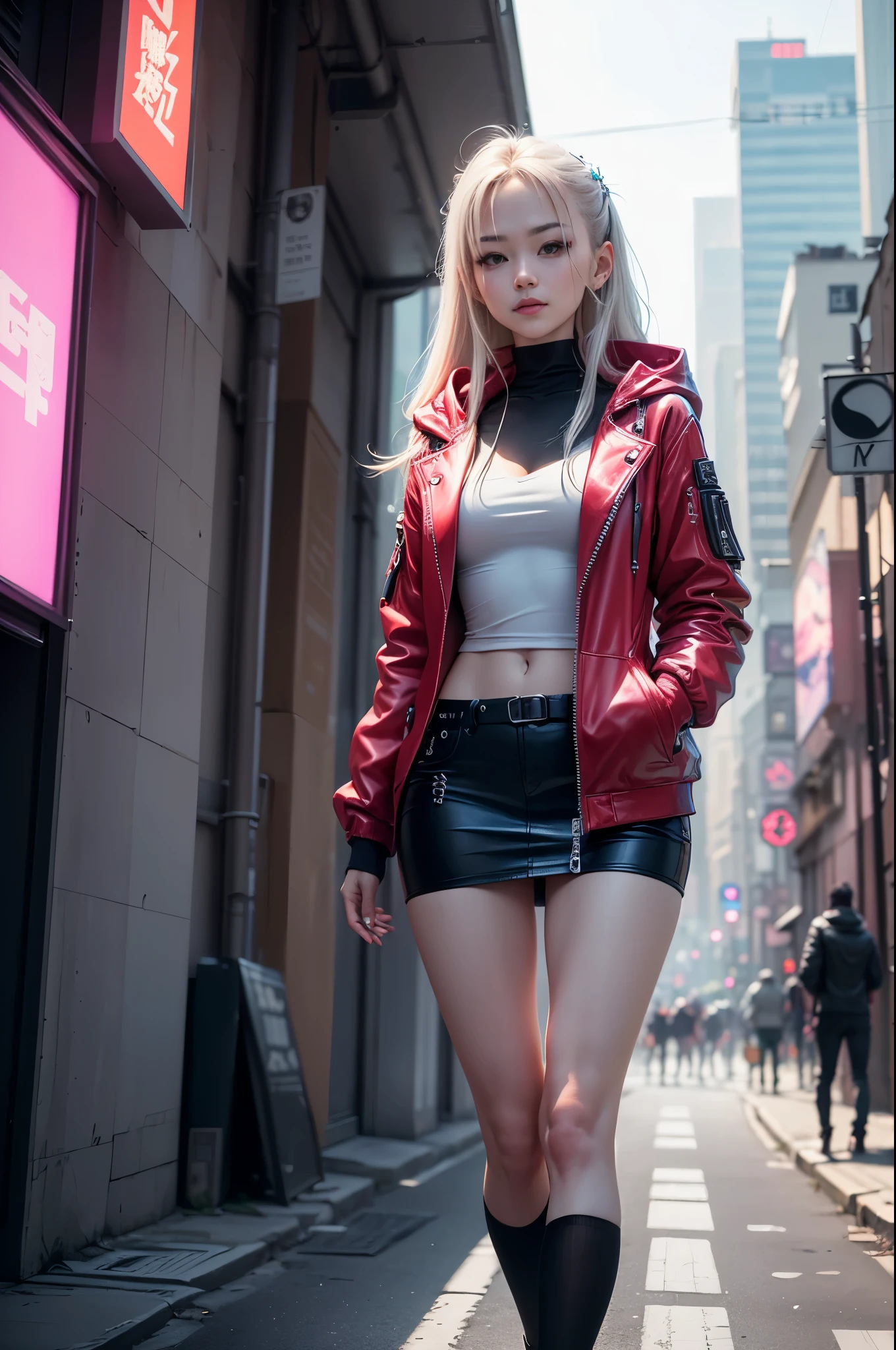 (RAW photos, Best quality, tmasterpiece:1.2), (actual, photo-actual:1.4),(tmasterpiece:1.4),(Best quality:1.4), ((cyber punk Girl)), ,Short white shirt，Open hooded fur-trimmed down jacket，Red miniskirt，((dynamicposes)), (((Cyberpunk city street background))), hair intakes, ((shapeless long hair)), looking at viewert, ssmile, (((upper legs间隙))), upper legs, Very long hair, multicolour hair, alice \(Nikke\),(Glowing and radiant skin),actual.