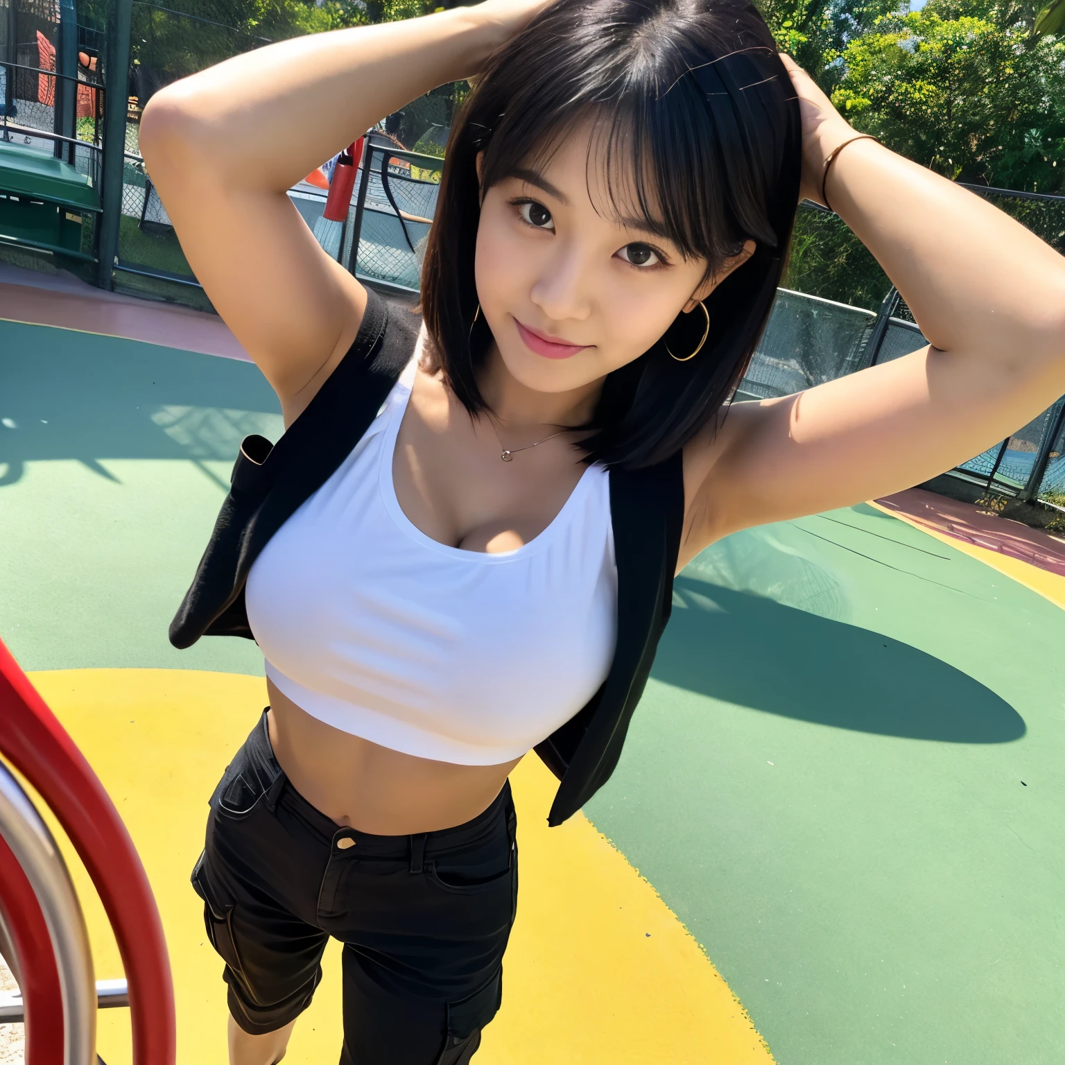 Professional, Angle camera shooting from above, realistic, High level of detail, Full body photo of 18 years old jihyo, korean, random Tight cargo pants, (random trend crop top t-shirt:1.3_MUST), (glossy black hair in blunt bob:1.3), full body, jumping with a forward bend posing for a photo, look at audience, both of hand and finger behind her head:1.3(MUST) on a playground, photogenic pose, (random standing pose: 1.3) ,Natural light, (Attractive young woman:1.3), (seductive:1.1), (blush:1.1), round and big breasts, cleavage, bacgkround at afternoon playground in south jakarta buildings