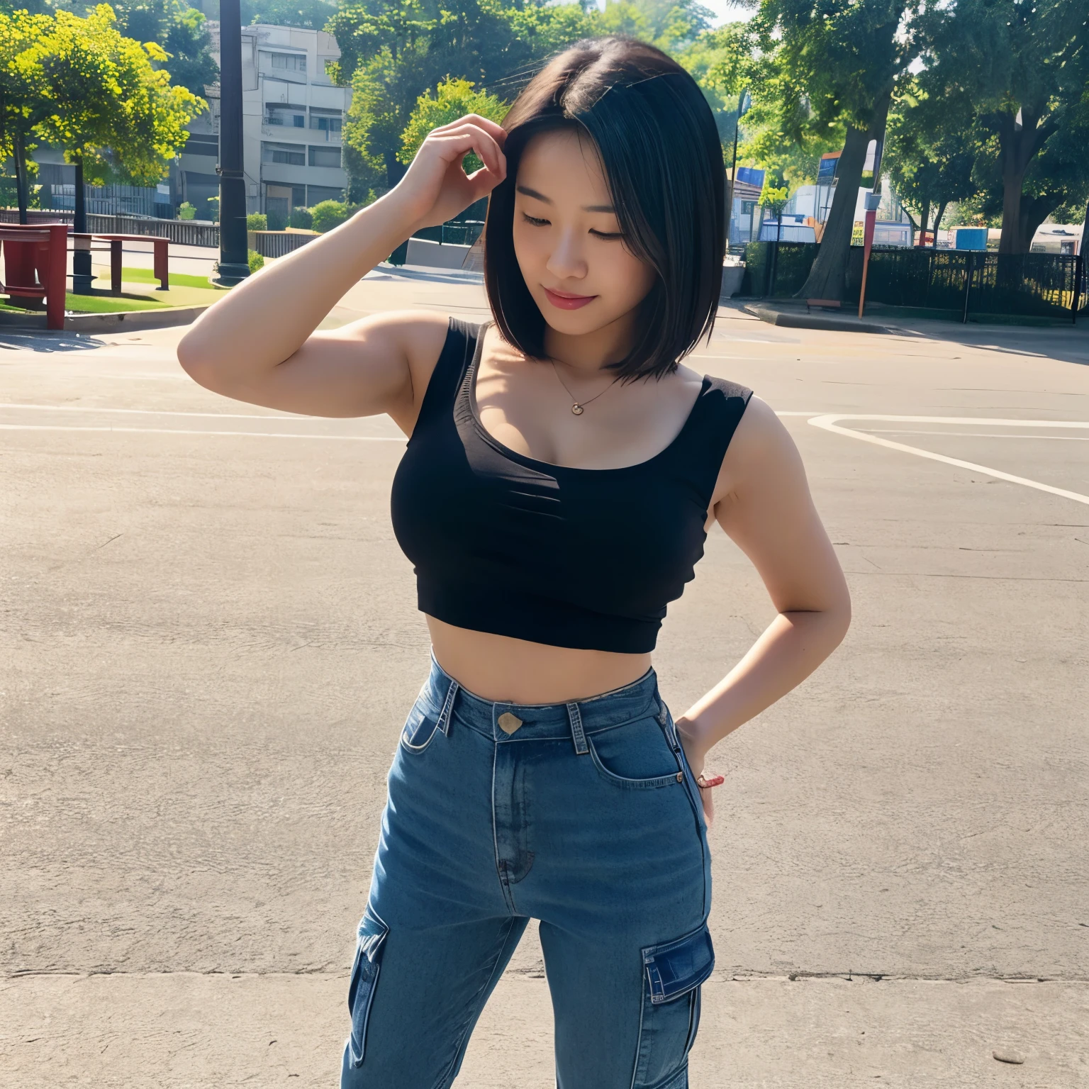 Professional, Angle camera shooting from above, realistic, High level of detail, Full body photo of 18 years old jihyo, korean, random Tight cargo pants, (random trend crop top t-shirt:1.3_MUST), (glossy black hair in blunt bob:1.3), full body, jumping with a forward bend posing for a photo, look at audience, both of hand and finger behind her head:1.3(MUST) on a playground, photogenic pose, (random standing pose: 1.3) ,Natural light, (Attractive young woman:1.3), (seductive:1.1), (blush:1.1), round and big breasts, cleavage, bacgkround at afternoon playground in south jakarta buildings