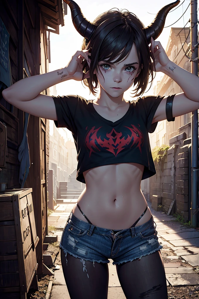 fantasy art, photography, (cool posing:1.1025), realistic, ultra realism shading, Emma Watson, photorealistic, (demon goat transformation, demon horns, tattered clothes, shredded t-shirt, boyshorts),