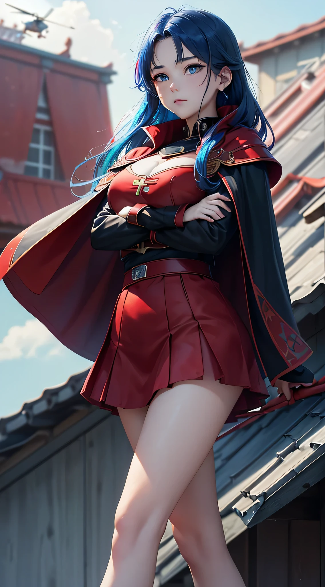 top-quality、Top image quality、masterpiece、teens girl((sixteen years old、 Ager、Best Bust、big bast,wide open breasts、Beautiful light blue eyerest, multicolored hair、A slender,Large valleys、Reflecting the whole body、Laugh、dye one's cheeks red、Black Hero Suit、red cloak、Red short skirt、Niō Standing、Cross your arms)),hiquality、Beautiful Art、Background with(( natta、On the roof of a building、helicopter)))、masutepiece、depth of fields,