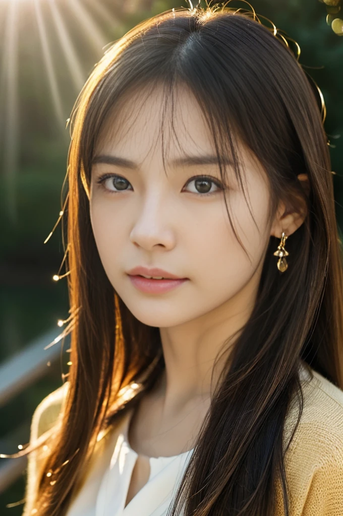 (Photoreal Stick:1.5, masutepiece:1.5, 8K), (top-quality, masterpiece, 超A high resolution), (Face Sharp Focus), Professional camera work:1.1, Highly detailed skin and facial texture:1.3,, Grow Light Effect, The ultra-detailliert:1.3, 1girl in, Fair skin, (Sense of clarity:1.5), Extremely beautiful face:1.3, Sense of clarityを感じる目:0.9, Enraptured look:1.0, i love you completely:0.8, slightly open mouth:0.5, Sense of clarityを感じる口当たり:0.7, 二重まぶた, Dark brown medium hair, necklace and earrings, looking at viewert, (Intense sunlight:1.3, Sunlight pouring down from above:1.3, Strong sunlight spreads across the screen:1.5)
