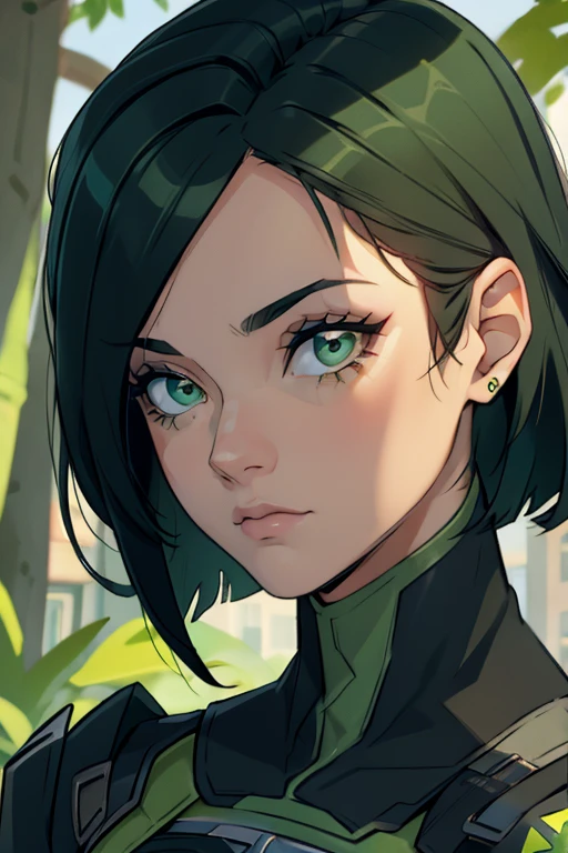 linda jovem de cabelos curtos, olhos verdes, mascara no rosto, suit verde , fundo verde