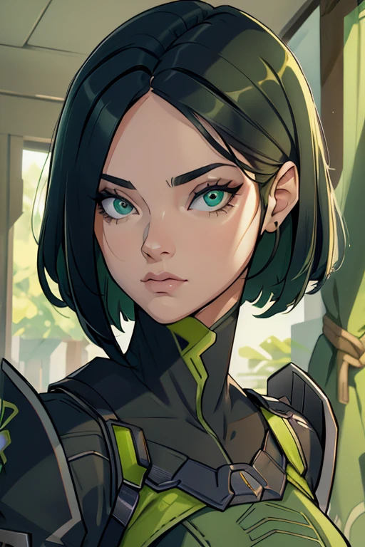 linda jovem de cabelos curtos, olhos verdes, mascara no rosto, suit verde , fundo verde