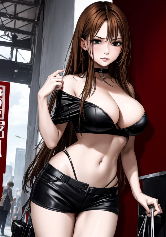 A beautiful adult woman with long, shoulder-length hair, big breasts, beautiful legs, and a sharp face is wearing a black tube top that exposes her navel and black hot pants that look like panties, and a middle-aged man in a suit stands at the station with an irritated expression on his face. I am confronting。