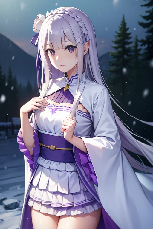 rezeroEmilia, Emilia, braid, crown braid, flower, hair flower, Hair Ornament, Hair Ribbon, Long hair, low-tied Long hair, (Purple eyes:1.2), pointy ear, white flower, x Hair Ornament, White kimono，a miniskirt，sandals，snow mountains，snow field，ブリザード
BREAK looking at viewer, (Cowboy Shot:1.5),
BREAK (masutepiece:1.2), Best Quality, High resolution, Unity 8k壁纸, (Illustration:0.8), (Beautiful detailed eyes:1.6), extra detailed face, Perfect Lighting, extremely details CG, (Perfect hands, Perfect ???????),