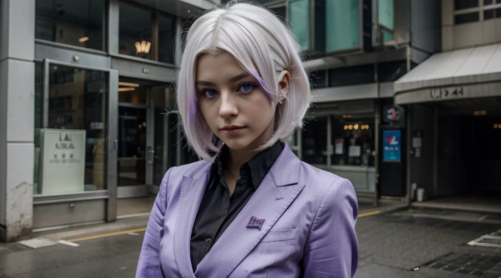 A woman wearing a suit, white hair, purple eyes, cute and cool,