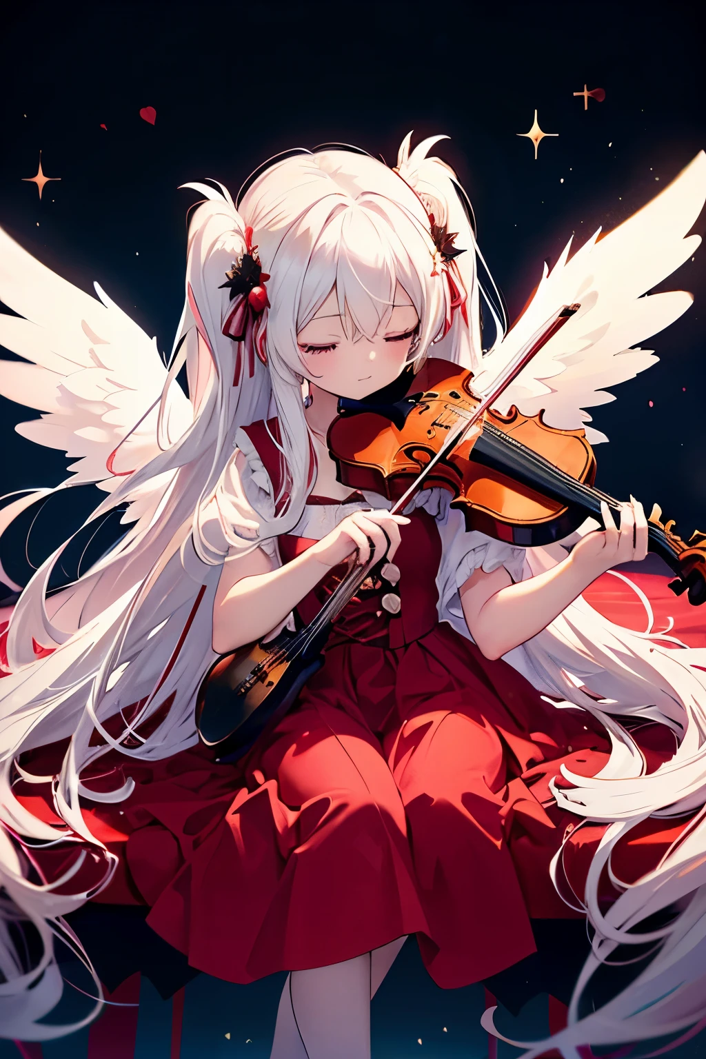 tiny girl with long white hair, wearing red outfit christmas style, happy, playing violin, eyes closed, slim, harmless, big black big sixed angel wings, sit pose, bad ass,glowing clotheest quality, serious,Neon pink and blue Light, neon style