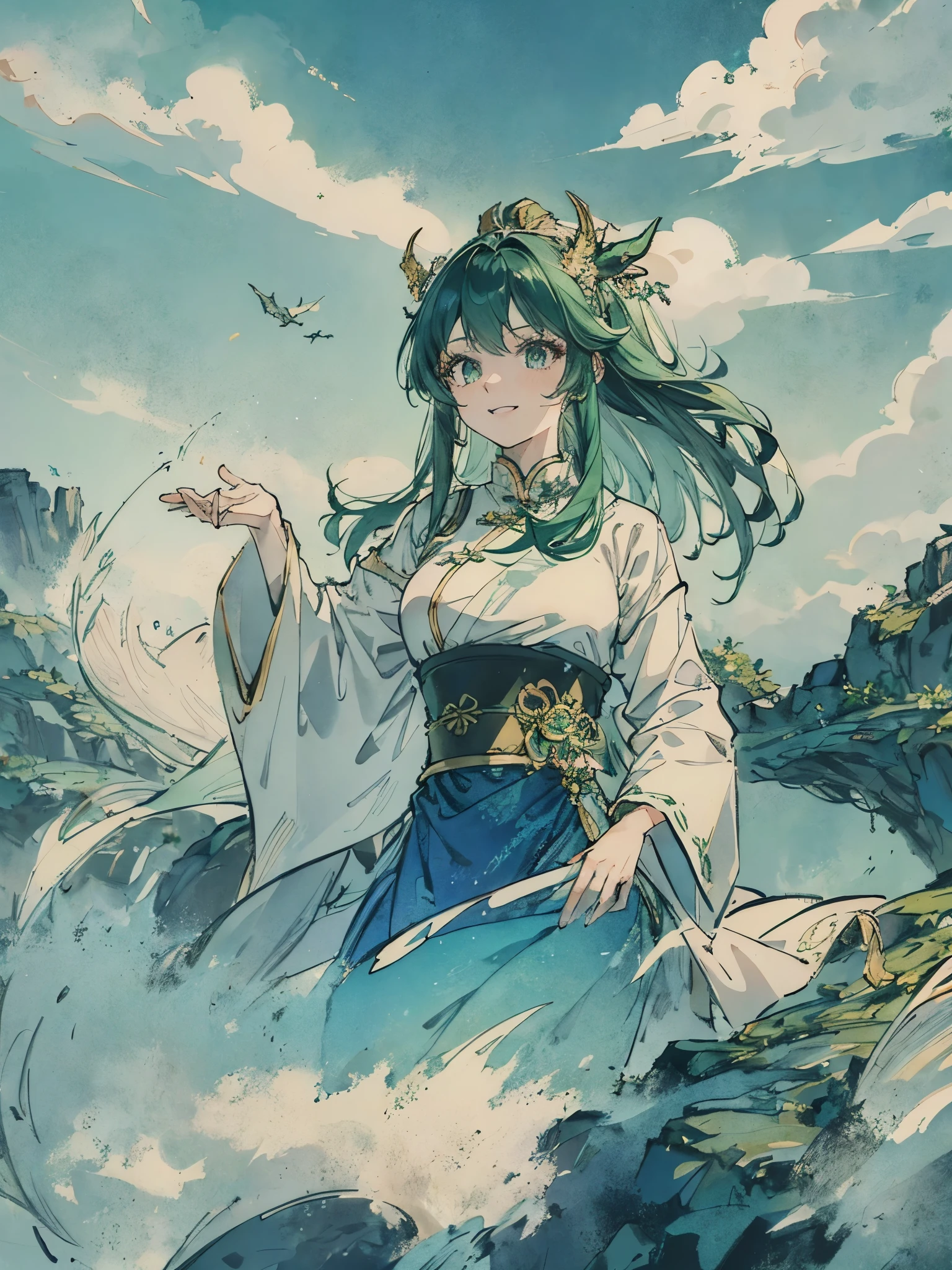 Women in Their 20s、green colored hair、Longhaire、Green eyes、Dragon horn、golden hair ornaments、White china clothes、jumpping、Smile、Dragon and Chinese cloud in the background