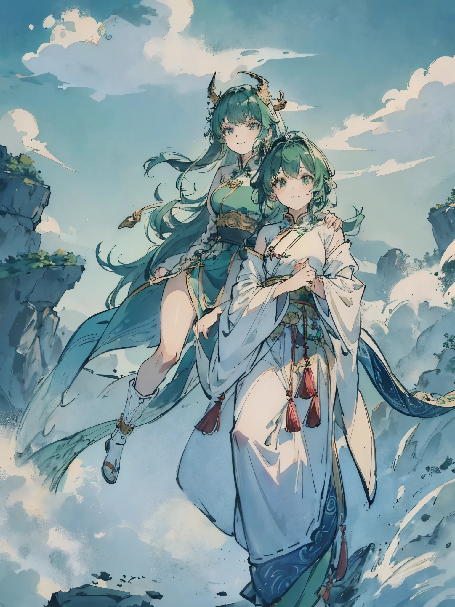 Women in Their 20s、green colored hair、Longhaire、Green eyes、Dragon horn、golden hair ornaments、White china clothes、jumpping、Smile、Dragon and Chinese cloud in the background