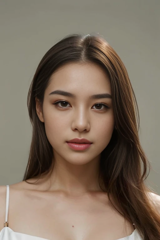 Create a photorealistic image of a beautiful Asian woman with fair, smooth, flawless skin. She has large, round, sparkling eyes with naturally long and curled eyelashes, and well-defined, dark eyebrows. Her nose is straight and high, and her naturally pink, soft lips form a gentle smile. She has short, slightly curled brown hair that highlights her delicate facial features. Her face is oval-shaped, with a wide and high forehead, moderately high cheekbones, and a pointed, slender chin. She is wearing a light grey bra that complements her elegant and feminine appearance. (( mid-shot ))