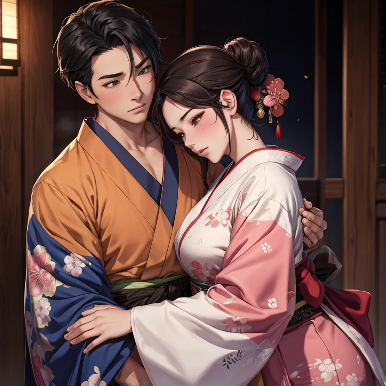 Blushing Mulan in a kimono hugs a man