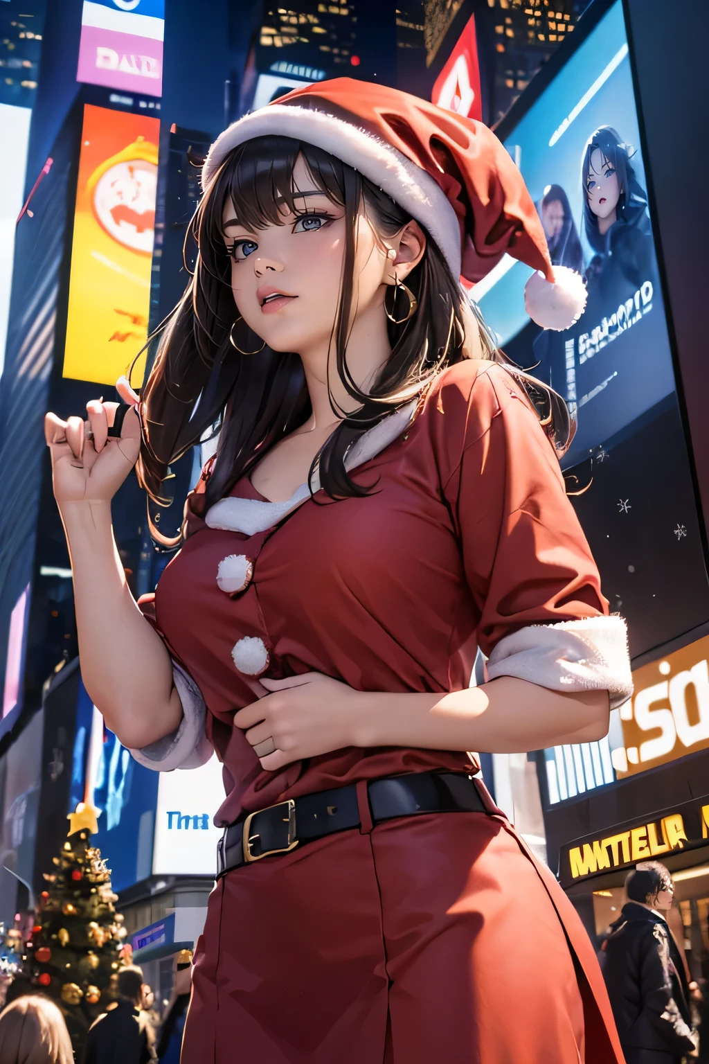 (((a woman is in front of the giant digital billboard at Times Square on Christmas day, all of giant digital billboard is broadcasting the same video about her sexy pose))), ((winter clothes with Christmas colors)), looking away, angle from below, (drooping eyes, sleepy, ecstasy face, blush, earrings, many people pass, ((big Christmas tree)),