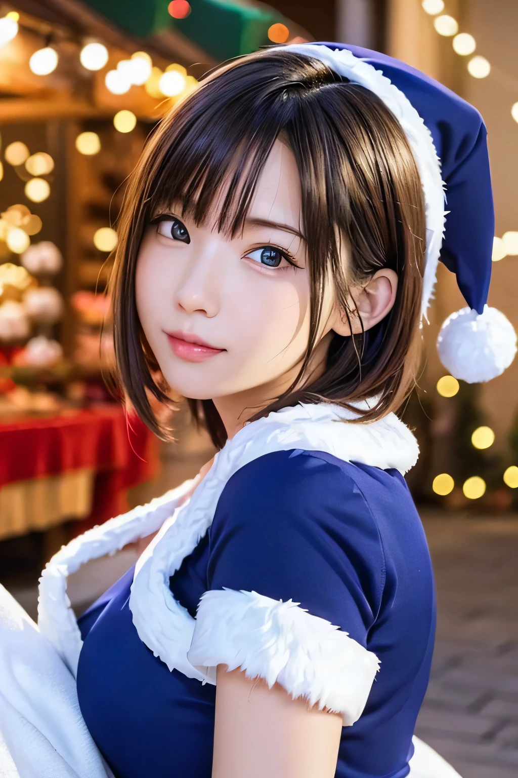 (((blue and white santa claus costume))),(((Looking at Viewer:1.5))),(((Shoot a girl from the side))),ulzzang -6500-v1.1, (Raw photo:1.2), (photographrealistic:1.4), a beautiful detailed girl, extremely detailed eye and face, Beautiful detailed eyes, Ultra-detailed, High resolution, top-quality, ​masterpiece, Highly detailed, 8K Wallpaper, Wonderful, finely detail, top-quality, Light on the Face,电影灯光,1girl in,(Christmas market in Stuttgart),Beautiful eyes,Smile,