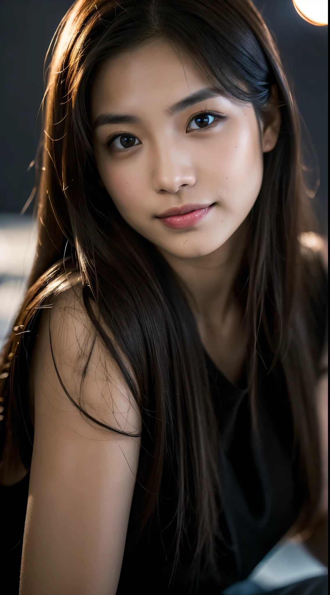 highest quality, epic realistic, ((in the pitch black darkness :1.4)), ((portrait:1.5)),(background: dark ) high contrast ,glorious picture, lowest lux, lighting face, she's comfortable, wearing nothing,  , looks incredible, (8k, Raw photo, Highest quality),(epic realistic:1.5), a woman, face,(detailed eyes:0.8),(looking at the camera:1.4), (Highest quality), ( high contrast, deep shadows),Intricate details,cinematic,((skin:1.4)), (long dark hair:1.3), long hair, messy ,(Hdr:1.5),Detailed, colors, Superior quality, Masterpiece, Raw Photo (20-year-old, looking at viewer), beautiful, (wearing plain yellow shirt,), perfect, natural, perfect composition, portrait, perfect face, smiling expression, Captivating eyes, Bright details, Tight lips, (High Skin Detail),, (blue tint: 0.6), (sale: 0.8), (bloody: 0.7), Key lighting , (backlight: 0.5), Medium depth of field, Canon 5d, 50mm lens, f/4 apertures, (Ultra-detailed, Complex detail), sharp focus, soft colors, 8k, Absurd, 80mm, bokeh background, photography, smiling, pinay, filipina, large boobs, neon lights background, bokeh