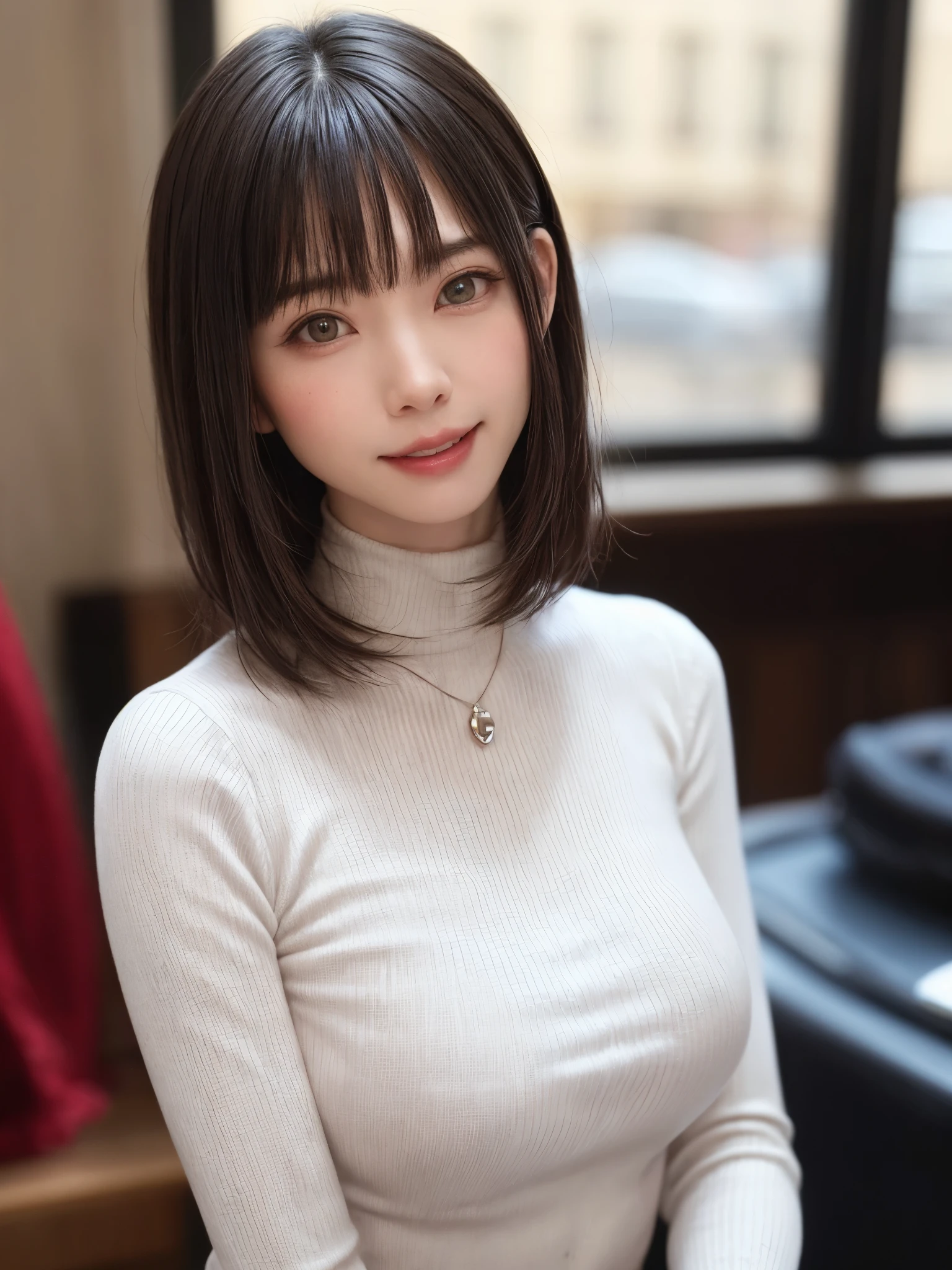 (masutepiece, top-quality、high-detail:1.4、Very attractive beauty、Add intense highlights to the eyes、Look firmly at the camera:1.4、A beautiful woman full of charm、Ideal ratio body proportions、Perfect Anatomy、Brunette Short Bob Hair、Lustrous hair、bangss:1.4、光沢のあるbangss:1.4、lipgloss),1girl in, report, Light brown shiny hair, muffler,realisitic, looking at the viewers、Tilt your head slightly, Bright colored crystal light blue eyes, short shiny hair、 White turtleneck outfit with a hole in the center of the chest,Sexy white turtleneck knit sweater with a round hole in the middle of the chest、 s lips, lipgloss, The upper part of the body、big eye、Lashes、A little red in the face、Embarrassing)、((italian road in winter))、((short hair with big eye、Put very strong highlights in your students、{Gigantic|Big|Huge|Mega} breasts:1.4、very Big breasts、gazing at viewer、Very beautiful beauty、Put your ears out、long neck、little smiling、Beautiful teeth、Open your mouth and smile、Heart-shaped pupil))、28 year old、Very cute supermodel、