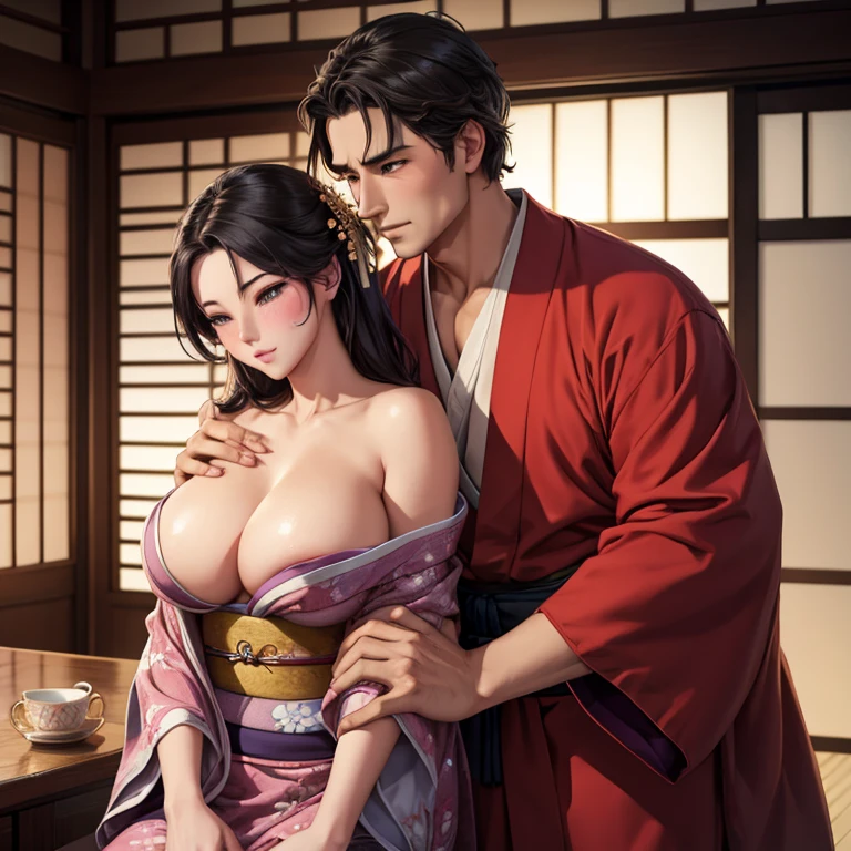 A man caresses the tits of a blushing Mulan in a kimono