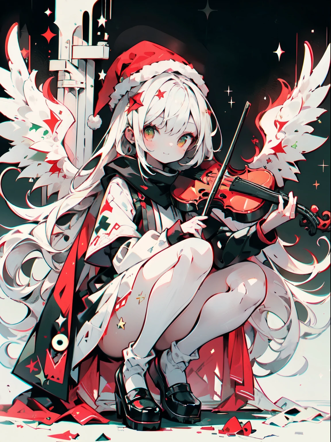 girl wearing christmass dress cotton, silk hair, night background with stars, red scarfs, playing violin, smile, cute, slim, eyes closed, white long messy curly hair, red clous hat, red short dress, slim, angel wings, sexy, poser, comftly, long black and white stripe socks, pretty face, green eye, very clear neat, extra details