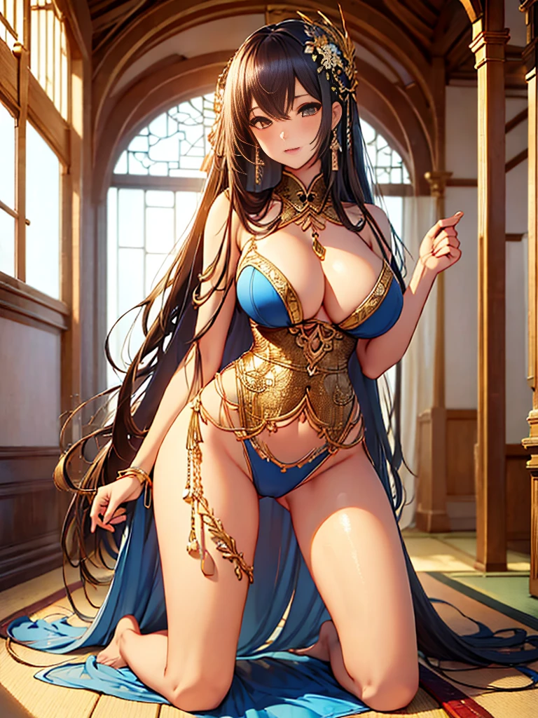 （Enrich the picture，Masterpiece quality）Beautiful 8K CG artwork，Goddess-like pose，kneeling exercises，Thin and soft，Translucent skin，brunette color hair、The beauty of super long hair, Super Long Straight Hair，The skin is fair and juicy，Underwear uniforms，Perspective Part 1.2x enhanced contour effect，Exquisite transparent blue case in pajamas，Intricate and exquisite details，The background is a bit blurry，Charming and sexy legs，drooltra large breasts，Japan goddess，Perfect body slim curves，