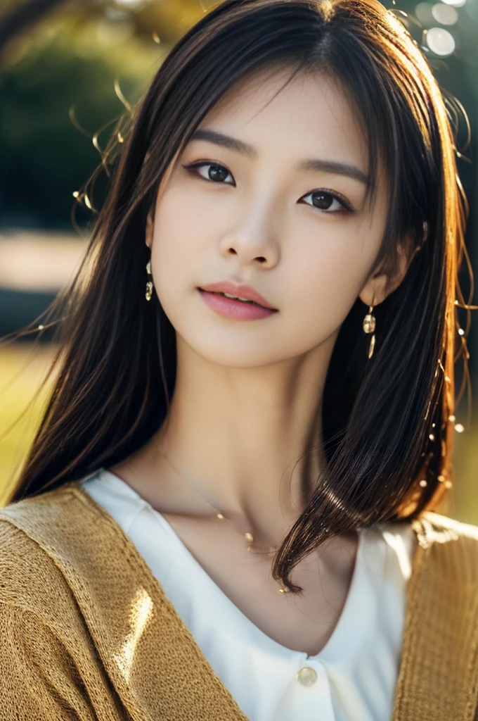 (Photoreal Stick:1.5, masutepiece:1.5, 8K), (top-quality, ​masterpiece, 超A high resolution), (Face Sharp Focus:1.3), Professional camera work:1.2, Highly detailed skin and facial texture:1.3,, Grow Light Effect, The ultra-detailliert:1.3, 1girl in, Fair skin, (Sense of clarity:1.5), Extremely beautiful face:1.3, Sense of clarityを感じる目:0.9, Enraptured look:1.0, i love you completely:0.8, slightly open mouth:0.5, Sense of clarityを感じる口当たり:0.7, 二重まぶた, Dark brown medium hair, necklace and earrings, looking at viewert, (Intense sunlight:1.4, Sunlight pouring down from above:1.4, Strong sunlight spreads across the screen:1.4)