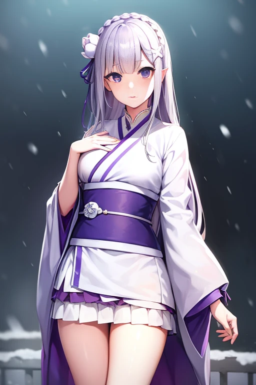 rezeroEmilia, Emilia, braid, crown braid, flower, hair flower, Hair Ornament, Hair Ribbon, Long hair, low-tied Long hair, (Purple eyes:1.2), pointy ear, white flower, x Hair Ornament, Kimono with white,Furisode,a miniskirt,sandals,snow mountains,snow field,ブリザード
BREAK looking at viewer, (Cowboy Shot:1.5),
BREAK (masutepiece:1.2), Best Quality, High resolution, Unity 8k壁纸, (Illustration:0.8), (Beautiful detailed eyes:1.6), extra detailed face, Perfect Lighting, extremely details CG, (Perfect hands, Perfect Anatomy),