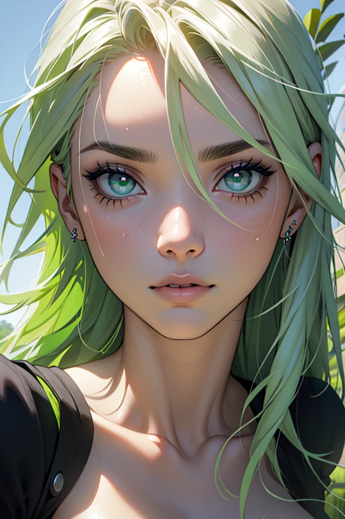 linda jovem de cabelos curtos, olhos verdes, mascara no rosto, suit verde , fundo verde, mascara no rosto, mascara cobrindo o rosto ate o nariz, coxas grossas e longas, belas pernas, coxas grossas