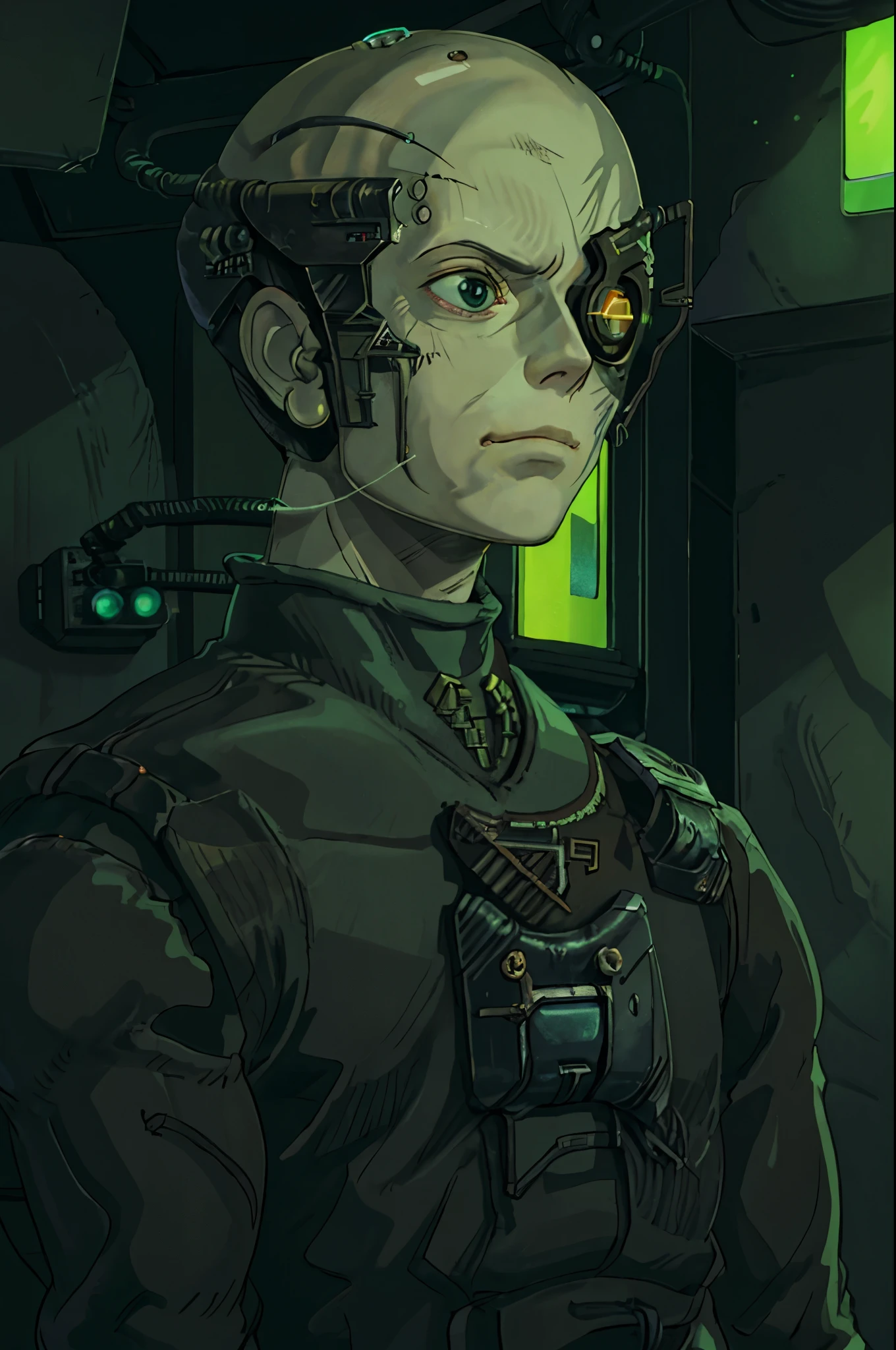ghibli style  borg cyborg bald gray skin veins metal armor cable eyepatch in a room with neon blidng green lights and alcoves beaming lights deadpan expression borg cube