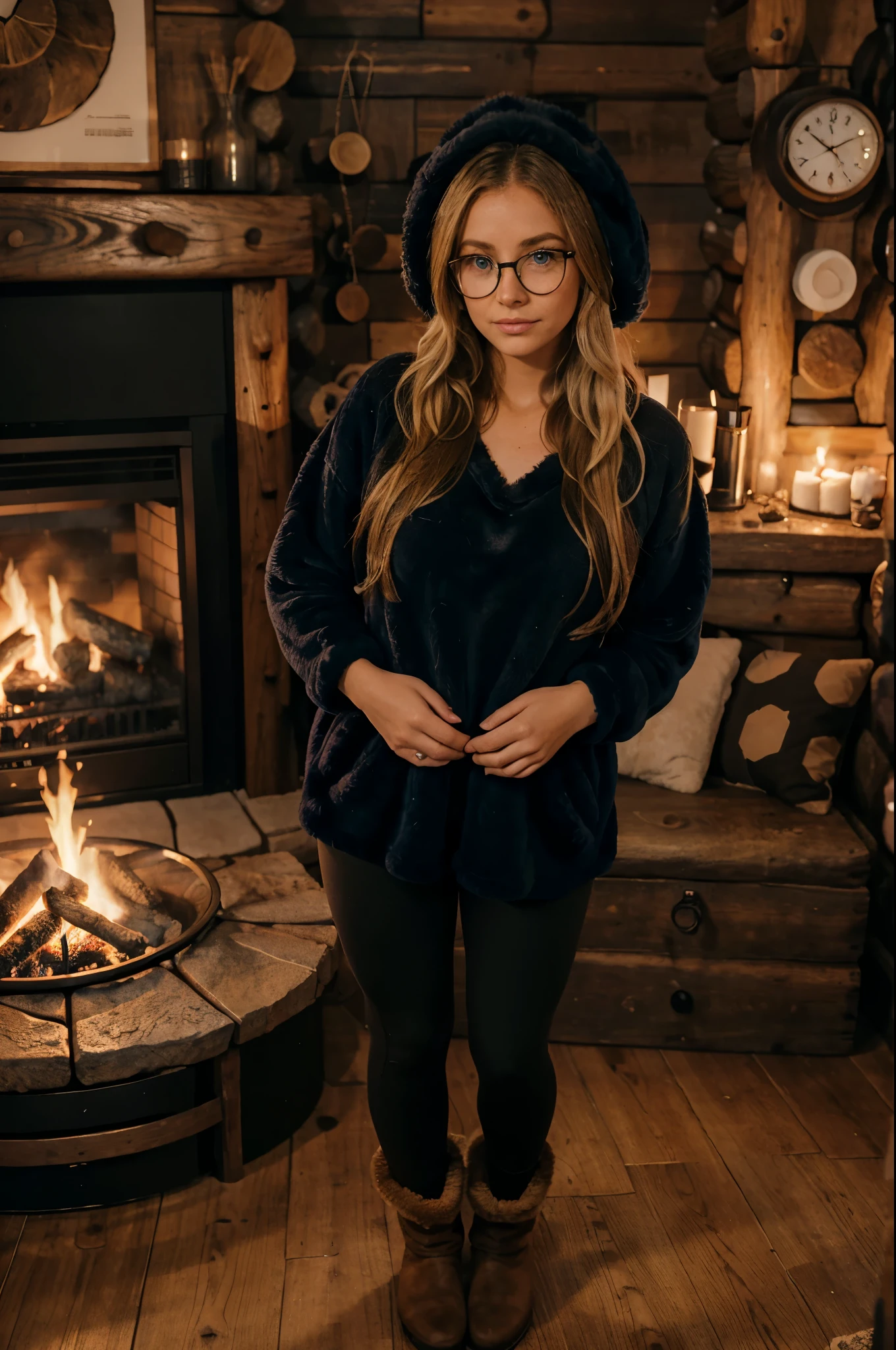 1woman, ombré blonde balayage hair, beautiful blue eyes, freckled face, circle glasses, creame sweatshirt, seamless black leggings, fuzzy faux fur ugg boots, faux fur boots, hugging her chest, log cabin by fire place background, full body portrait.