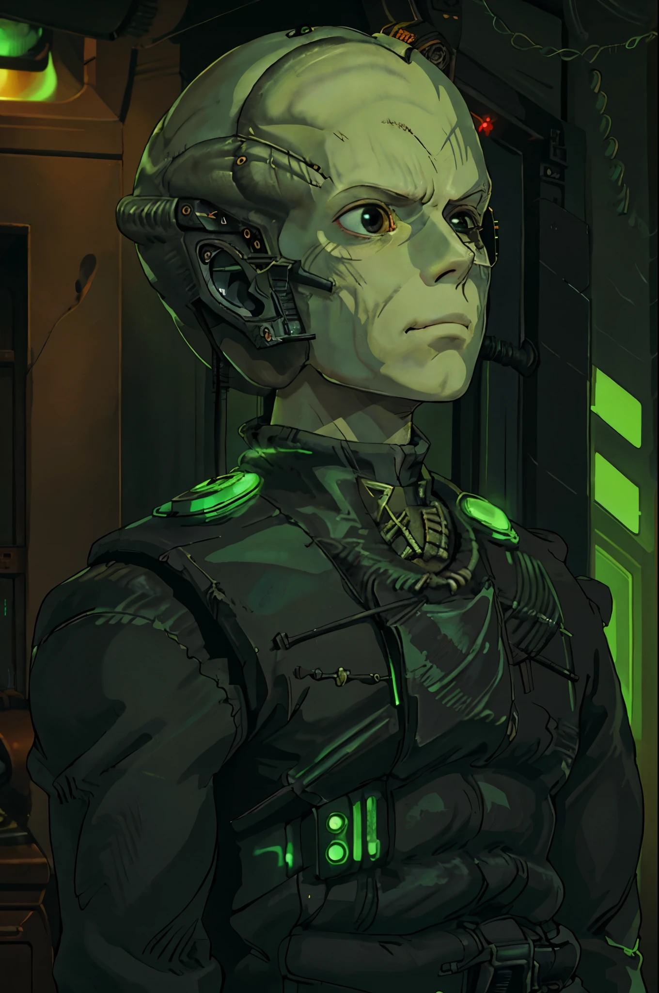 ghibli style  borg cyborg bald gray skin veins metal armor cable eyepatch in a room with neon blidng green lights and alcoves beaming lights deadpan expression borg cube