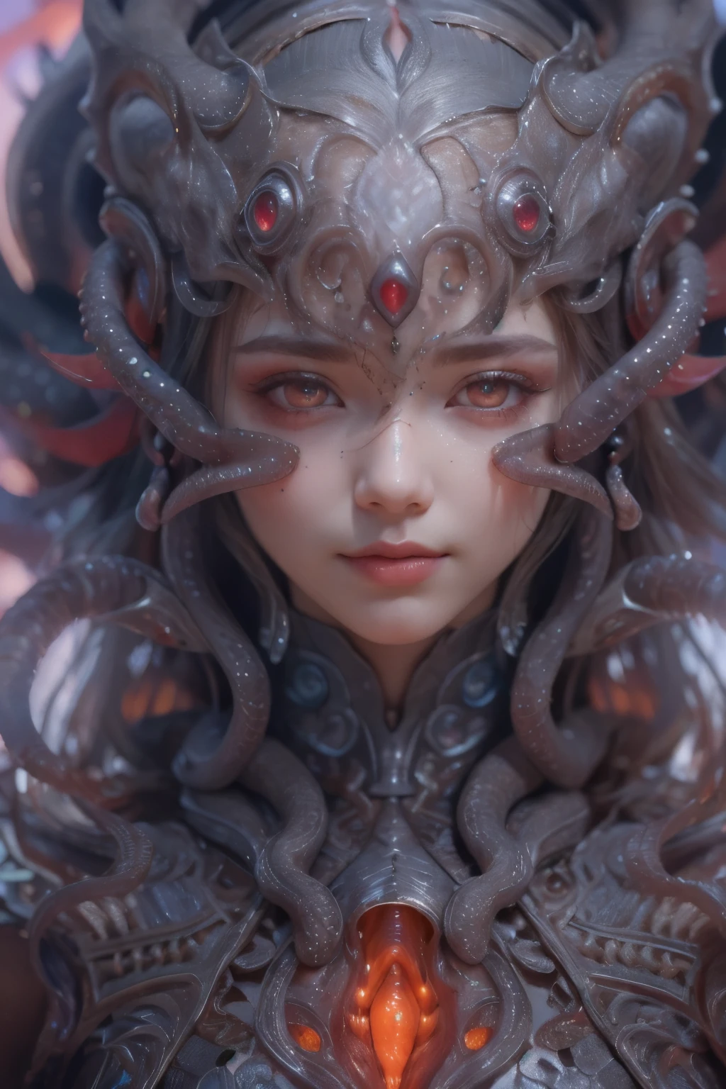 Portrait, (beautiful female alien:1.2), (There is a female genital-like organ in the middle of the forehead:1.8), (The most beautiful face in the history of the universe:1.2), (scarlet eyes:1.6), (Translucent skin:1.8), an evil gaze that seduces , (red eyes:1.5), Full body like, (sexypose:1.5), alien, No humans, cells are fused, (Lots of translucent tentacles:1.1) (Translucent skin:1.3), extraterrestrial, cell, bio image, 魅惑的, Best Quality, 8K,4K_quality, high definition, Dramatic Lighting, masutepiece:1.5,cinematic quality, detail up, (Intricate details:1.2), high resolution, High Definition, drawing faithfully, (Thick eyebrows:1.2), Beautiful eyes with fine symmetry, (Ultra detailed eyes:1.2),(Highly detailed face and eyes:1.2), (High-resolution red-eye:1.4), Intimate face, (Super detailed skin quality feeling:1.4), Perfect Anatomy, (Beautiful toned body:1.5), (Moist skin:1.2), No makeup, (dark circles:1.1), long canines, cinematic drawing of characters, ultra high quality model, cinematic quality, detail up, (Intricate details:1.2), high resolution, High Definition, drawing faithfully, Official art, Unity 8K wall , 8K Portrait, Best Quality, Very high resolution, ultra detailed artistic photography, midnight aura, unreal engine 5, Ultra Sharp Focus, art by alberto seveso, ArtGerm, Roisch, intricate artwork, Medusa, best quality, masterpiece, ultra high resolution, (photos realistic:1.4), Ultra-realistic realism, dream-like, nautilus, Creation of fantasy, Snail, Dream Snail, biopunk nautilus, thrilling color schemes, Ultra-realistic realism, seductively smiling, blue tentacles