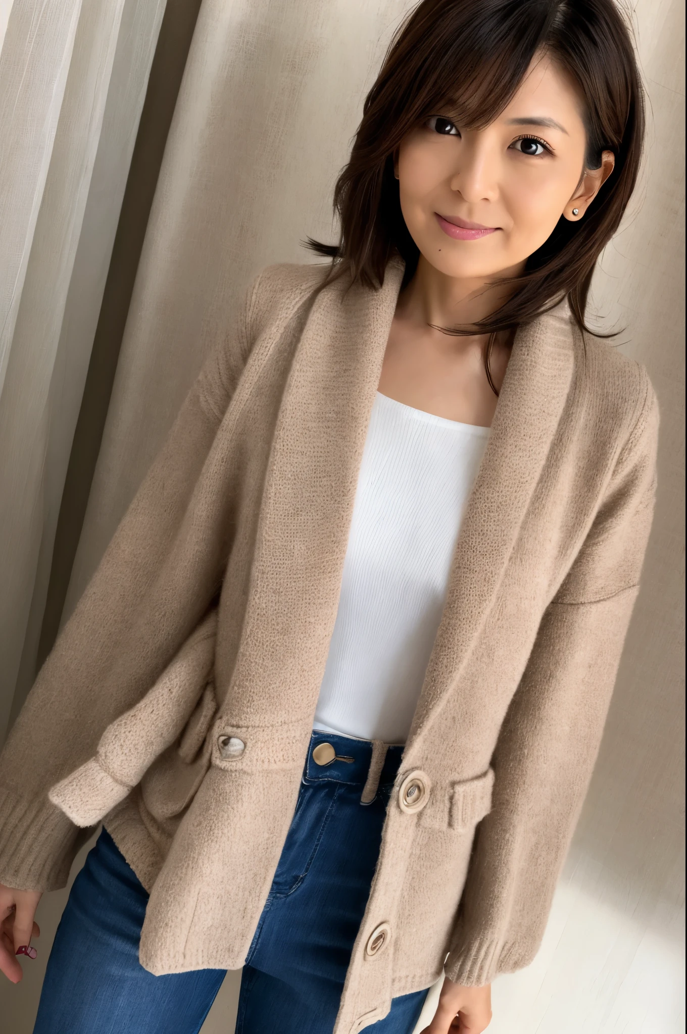 (High reality photograph, high resolusion, detailed face, detailed eyes) Skinny Japanese lady, 40 years old, various face expression, solo:1, skinny figure, small breasts, very thin waist, various hair style, various photo angle, casual clothes, full-body photo