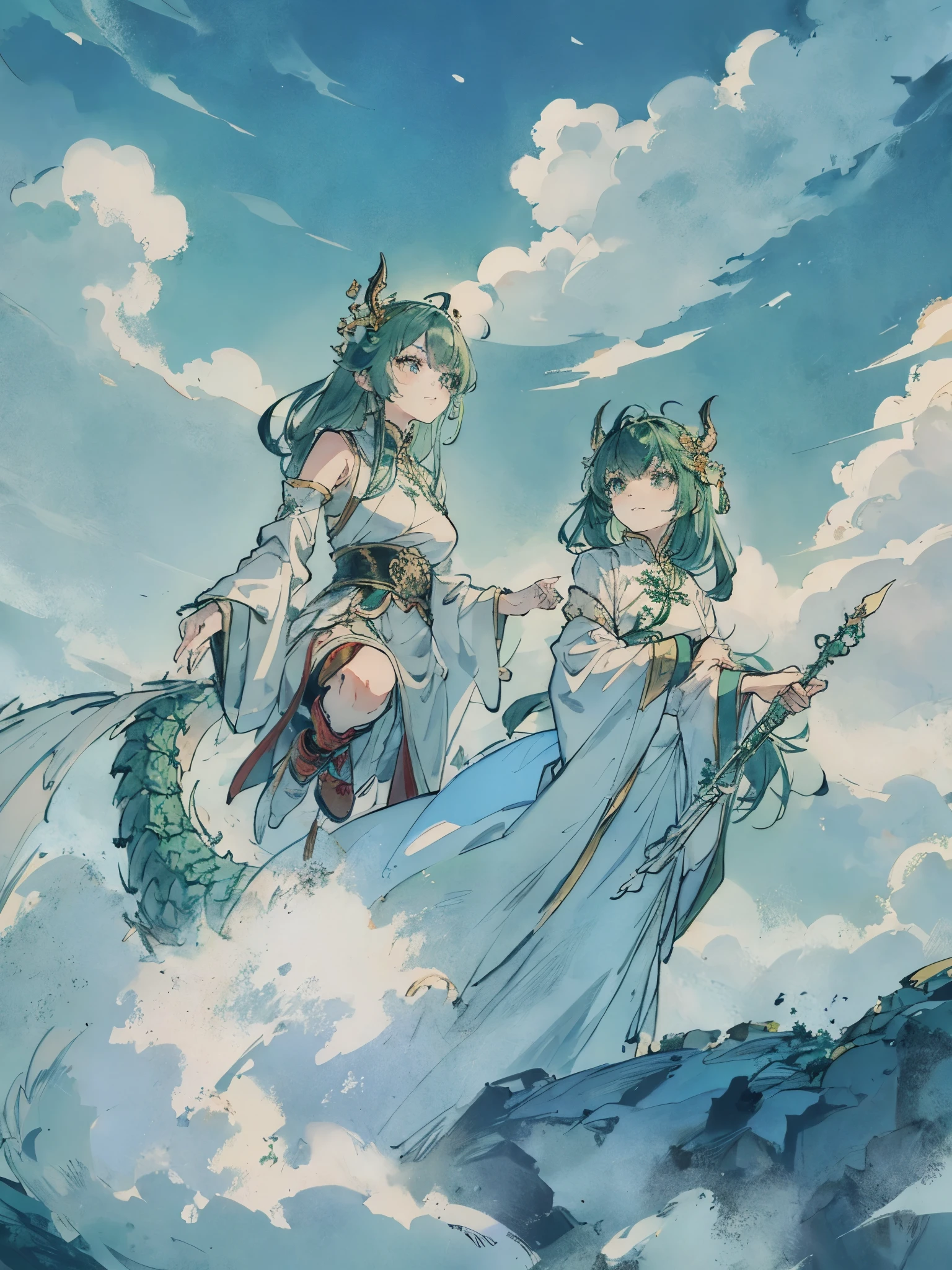 Women in Their 20s、green colored hair、Longhaire、Green eyes、Dragon horn、golden hair ornaments、White china clothes、jumpping、Smile、Dragon and Chinese cloud in the background