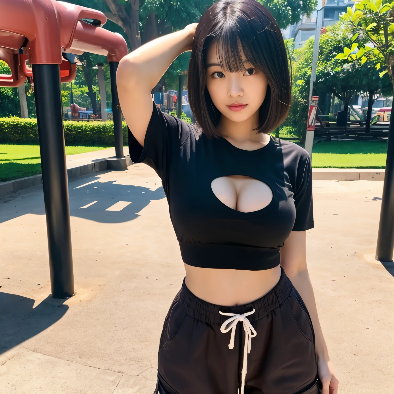 Professional, Angle camera shooting from above, realistic, High level of detail, Full body photo of 18 years old woman, korean, random Tight cargo pants, (random trend crop top t-shirt:1.3_MUST), (glossy black hair in blunt bob:1.3), full body, standing with a forward bend posing for a photo, look at audience, both of hand and finger behind her head:1.3(MUST) on a playground, photogenic pose, (random standing pose: 1.3) ,Natural light, (Attractive young woman:1.3), (seductive:1.1), (blush:1.1), round and big breasts, cleavage, bacgkround at afternoon playground in south jakarta buildings