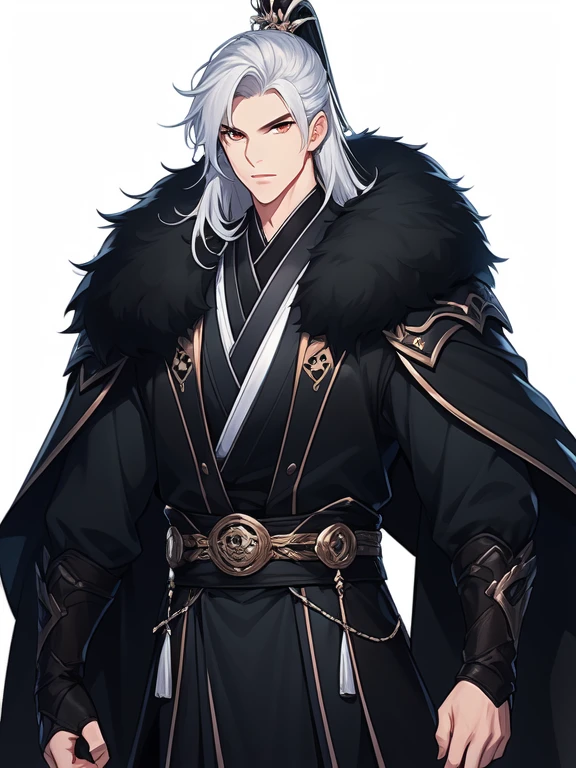 solo person,Libido boy,Messy White Hair , Orange eyes , purple martial arts uniform , Fighting posture,Snowy background , Snowy wasteland background, Martial arts costumes , 1male people , Complicated details , perfect generation , male people , Muscular , poncho