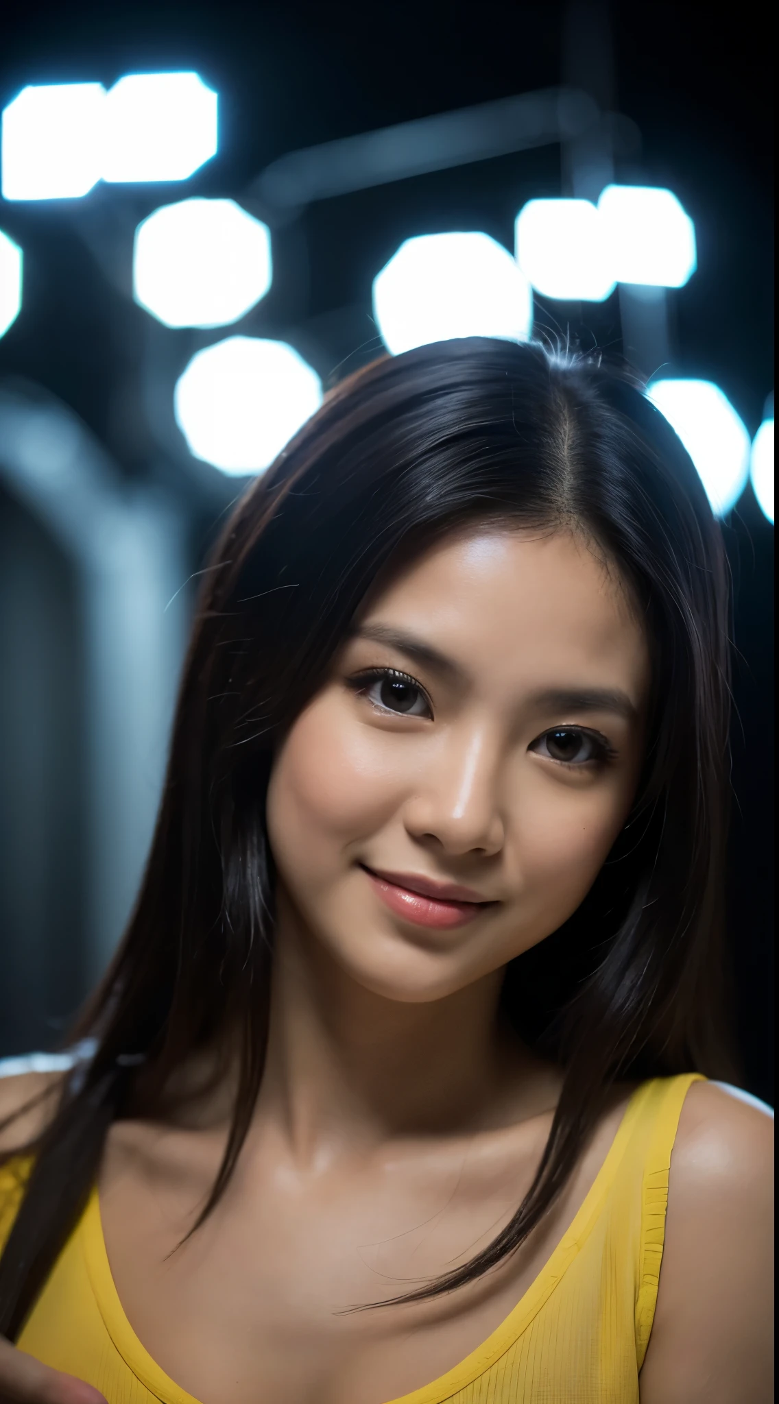 highest quality, epic realistic, ((in the pitch black darkness :1.4)), ((portrait:1.5)),(background: dark ) high contrast ,glorious picture, lowest lux, lighting face, she's comfortable, wearing nothing, , looks incredible, (8k, Raw photo, Highest quality),(epic realistic:1.5), a woman, face,(detailed eyes:0.8),(looking at the camera:1.4), (Highest quality), ( high contrast, deep shadows),Intricate details,cinematic,((skin:1.4)), (long dark hair:1.3), long hair, messy ,(Hdr:1.5),Detailed, colors, Superior quality, Masterpiece, Raw Photo (20-year-old, looking at viewer), beautiful, (wearing plain yellow shirt,), perfect, natural, perfect composition, portrait, perfect face, smiling expression, Captivating eyes, Bright details, Tight lips, (High Skin Detail),, (blue tint: 0.6), (sale: 0.8), (bloody: 0.7), Key lighting , (backlight: 0.5), Medium depth of field, Canon 5d, 50mm lens, f/4 apertures, (Ultra-detailed, Complex detail), sharp focus, soft colors, 8k, Absurd, 80mm, bokeh background, photography, smiling, pinay, filipina, large boobs, neon lights background, bokeh