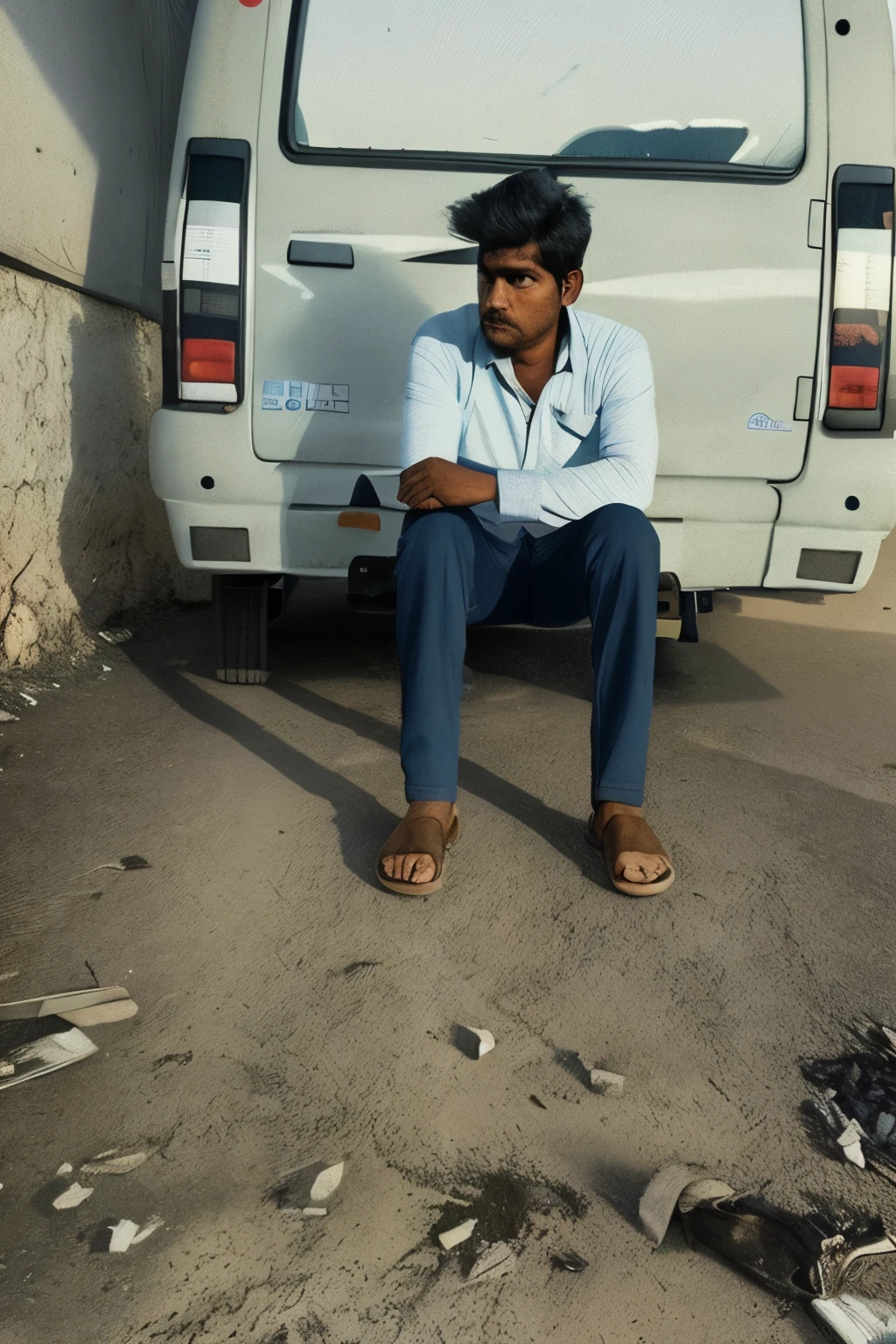 there is a man sitting on the ground next to a van, sitting on the ground, very very low quality picture, very artistic pose, standing in road, standing in township street, taken with sony alpha 9, full body photogenic shot, standing in a township street, edited in photoshop, edited, photo taken in 2 0 2 0, by Rajesh Soni