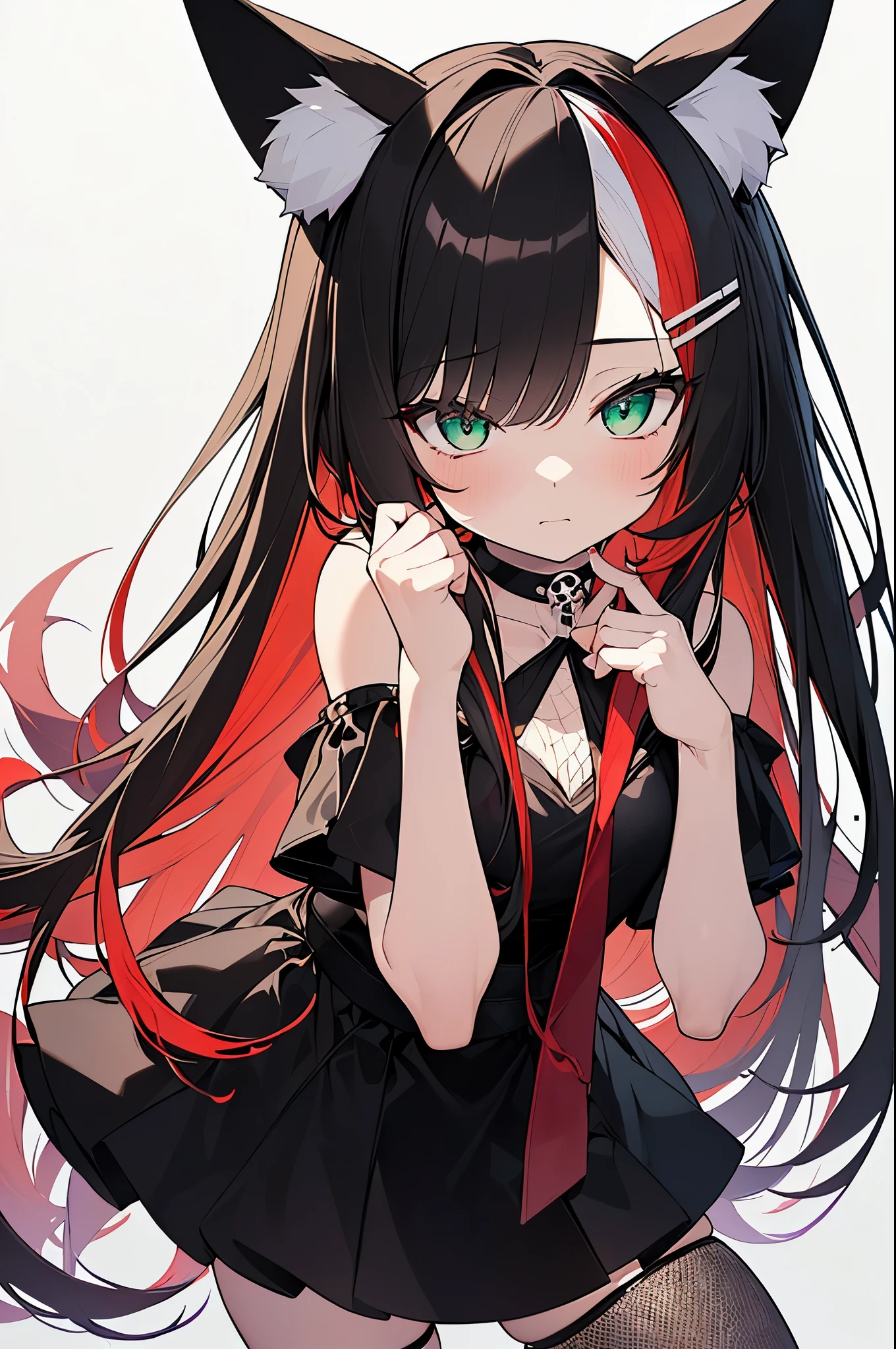 masterpiece, best quality,super fine illustration, perfect anatomy, correct anatomy, perfect proportion, perfect face, perfect hands, perfect legs, perfect fingers, perfect hands, professional lighting, best quality, ultra detailed, extremely delicate and beautiful, 4k, 8k,,1girl, fox girl, (((multicolored hair:1.2)(black 1.1)(red 1.1), fox ears, long hair, fox tail, black dress, fishnet stockings, cute expression, highres, best quality, masterpiece,clearly drawn face, beautiful eyes, beautifully detailed eyes, highly detailed eyes, ribbon, choker, looking at viewer, skull hair clip, green eyes, head shot