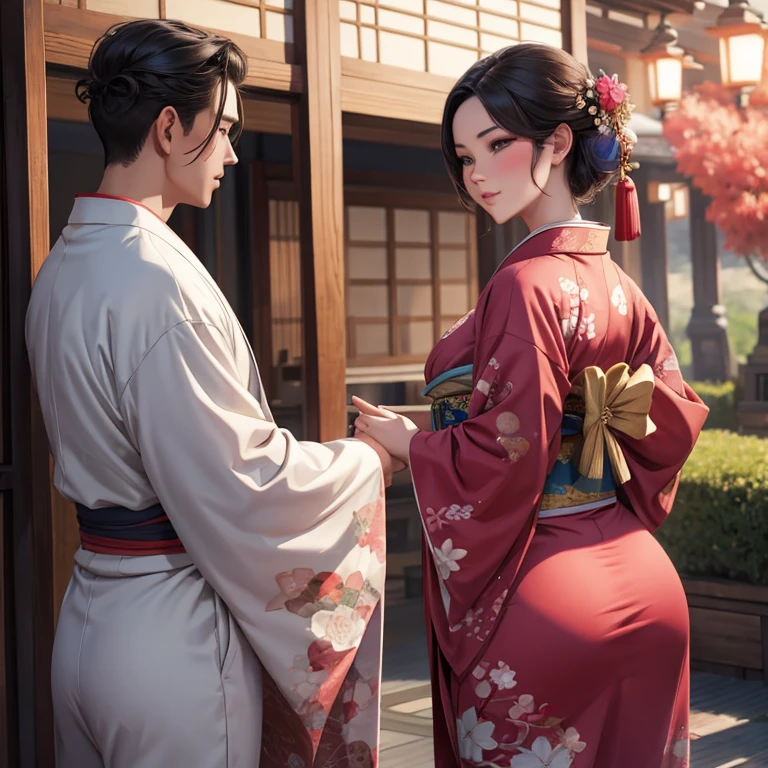 Blushing Mulan in a kimono shows her ass to a man