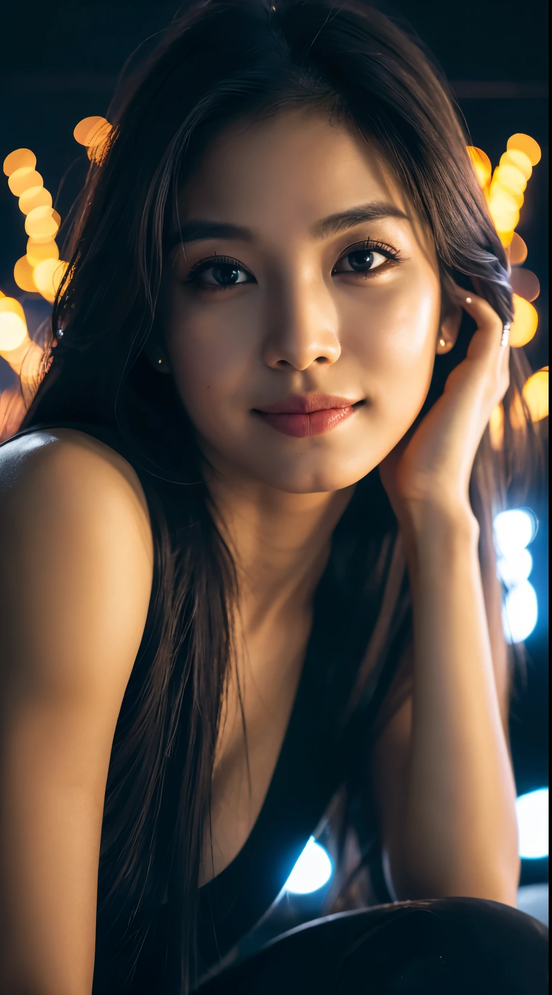 highest quality, epic realistic, ((in the pitch black darkness :1.4)), ((portrait:1.5)),(background: dark ) high contrast ,glorious picture, lowest lux, lighting face, she's comfortable, wearing nothing, , looks incredible, (8k, Raw photo, Highest quality),(epic realistic:1.5), a woman, face,(detailed eyes:0.8),(looking at the camera:1.4), (Highest quality), ( high contrast, deep shadows),Intricate details,cinematic,((skin:1.4)), (long dark hair:1.3), long hair, messy ,(Hdr:1.5),Detailed, colors, Superior quality, Masterpiece, Raw Photo (20-year-old, looking at viewer), beautiful, (wearing plain yellow shirt,), perfect, natural, perfect composition, portrait, perfect face, smiling expression, Captivating eyes, Bright details, Tight lips, (High Skin Detail),, (blue tint: 0.6), (sale: 0.8), (bloody: 0.7), Key lighting , (backlight: 0.5), Medium depth of field, Canon 5d, 50mm lens, f/4 apertures, (Ultra-detailed, Complex detail), sharp focus, soft colors, 8k, Absurd, 80mm, bokeh background, photography, smiling, pinay, filipina, large boobs, neon lights background, bokeh