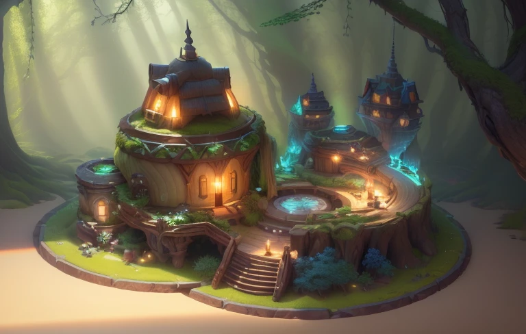 masterpiece, best quality, (extremely detailed CG unity 8k wallpaper), (best quality), (best illustration), (best shadow),( A mushroom house covered with moss),(((Fantasy))),(((spirit))),(((dew))),(timbo),(creek),firefly,clover,starlight surrounds the room,petal, isometric 3D, octane render,ray tracing,ultra detailed,