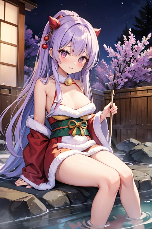 Japanese Santa Girl, Very long hair, lavender color., Christmas Tree, Soak in the onsen