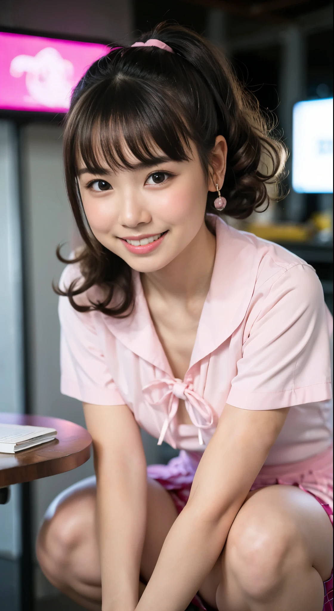 （8K、Raw photography、top-quality、​masterpiece：1.2),(Open your legs wide),(A dark-haired、poneyTail、Curly hair:1.5),watching at viewers,Looking at the front,Erotic,de pele branca,(Pink Ranger:1.7)、(Clothing that emphasizes the shape of your chest、exposing the skin:1.4)、(Colossal tits:1.3)、absurderes,、超A high resolution,,ren,Beautiful fece,(One Person, 独奏、without background:1.6),fullllbody,hi-school girl,A Japanese Lady,is standing,（Photorealsitic：1.37）、Photon mapping,Realistic、(Cute little face: 1.8)、(Cute smile: 1.7)、(with round face: 1.8)、Radio City、Physically Based Rendering、Foreground、depth of field rally background、a picture,beauty legs, (Knees are visible,Thigh close-up:1.4),full body Esbian、Nogizaka Idol, Japanese ido、Colossal titsle body esbian、super definition、Sit on a desk and spread your legs