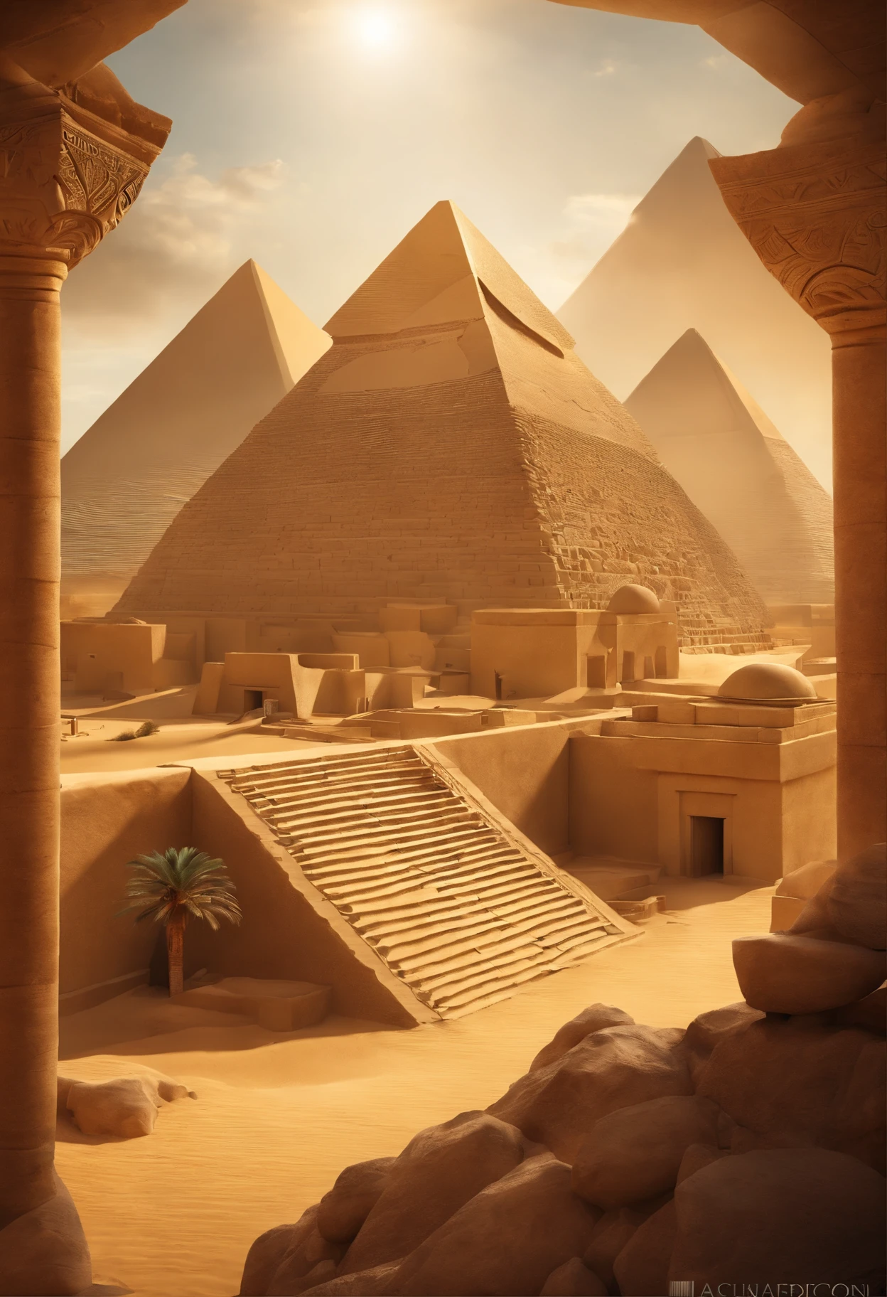 (best quality,highres:1.2),ultra-detailed,(realistic:1.37),ancient Egypt, pyramid construction site, partially built pyramid, slaves, sand, massive stone blocks, hot desert sun, dust, hieroglyphics, wooden scaffolding, intricate carvings, hustle and bustle, backbreaking labor, overseers, ancient world, awe-inspiring architecture, grandeur, colossal structure, monumental achievement, sweat and toil, determination, historical masterpiece, civilization, pyramid's peak piercing the sky
